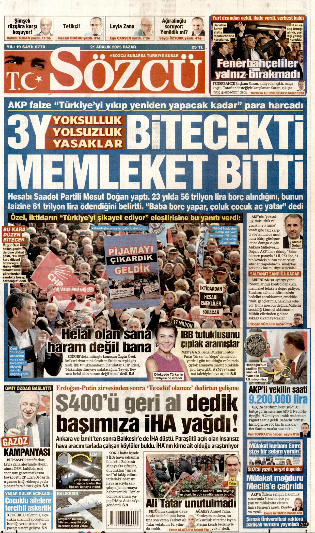 SÖZCÜ gazetesinin 21 Aralık 2025 tarihli birinci sayfası
