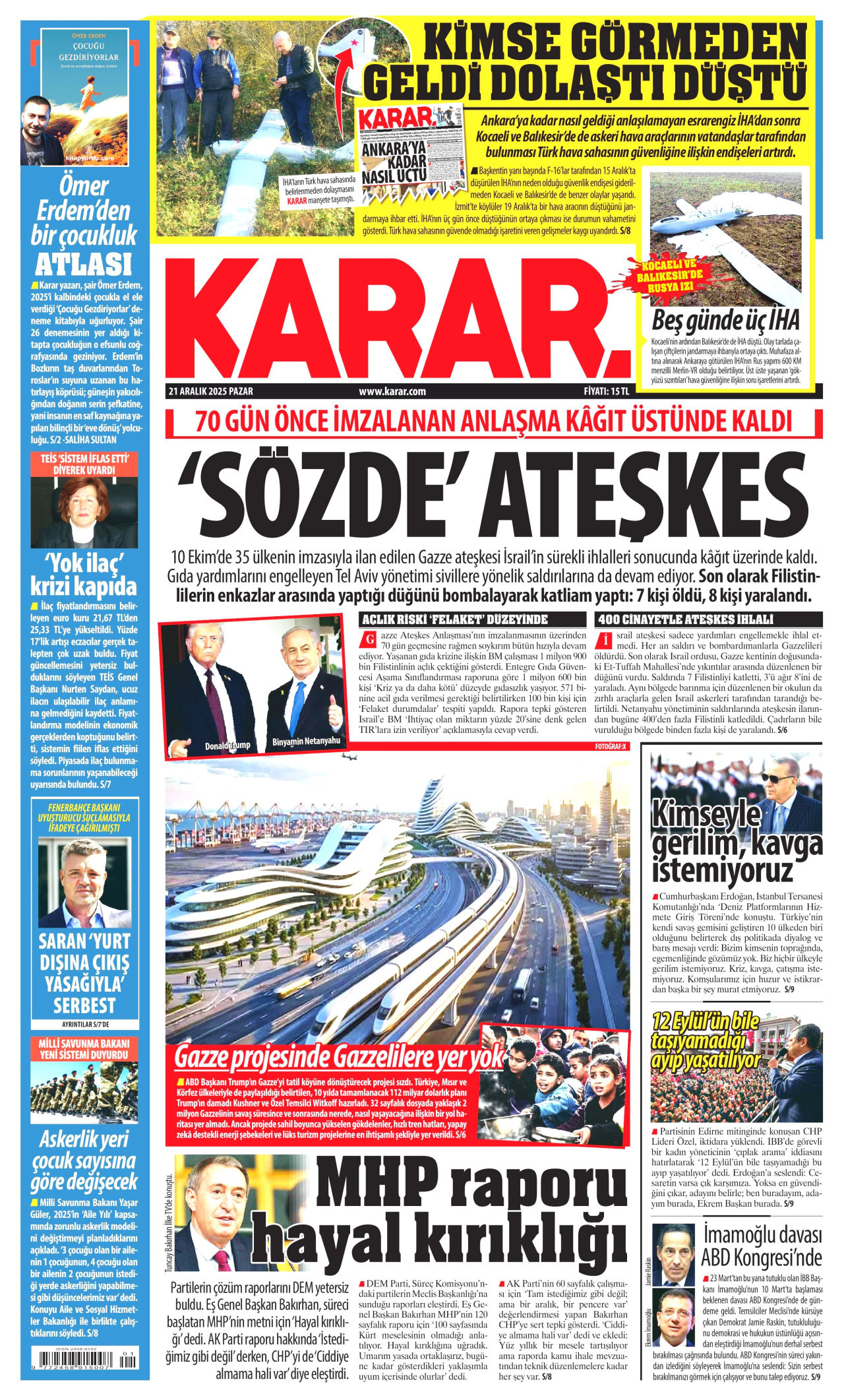 KARAR gazetesinin 21 Aralık 2025 tarihli birinci sayfası