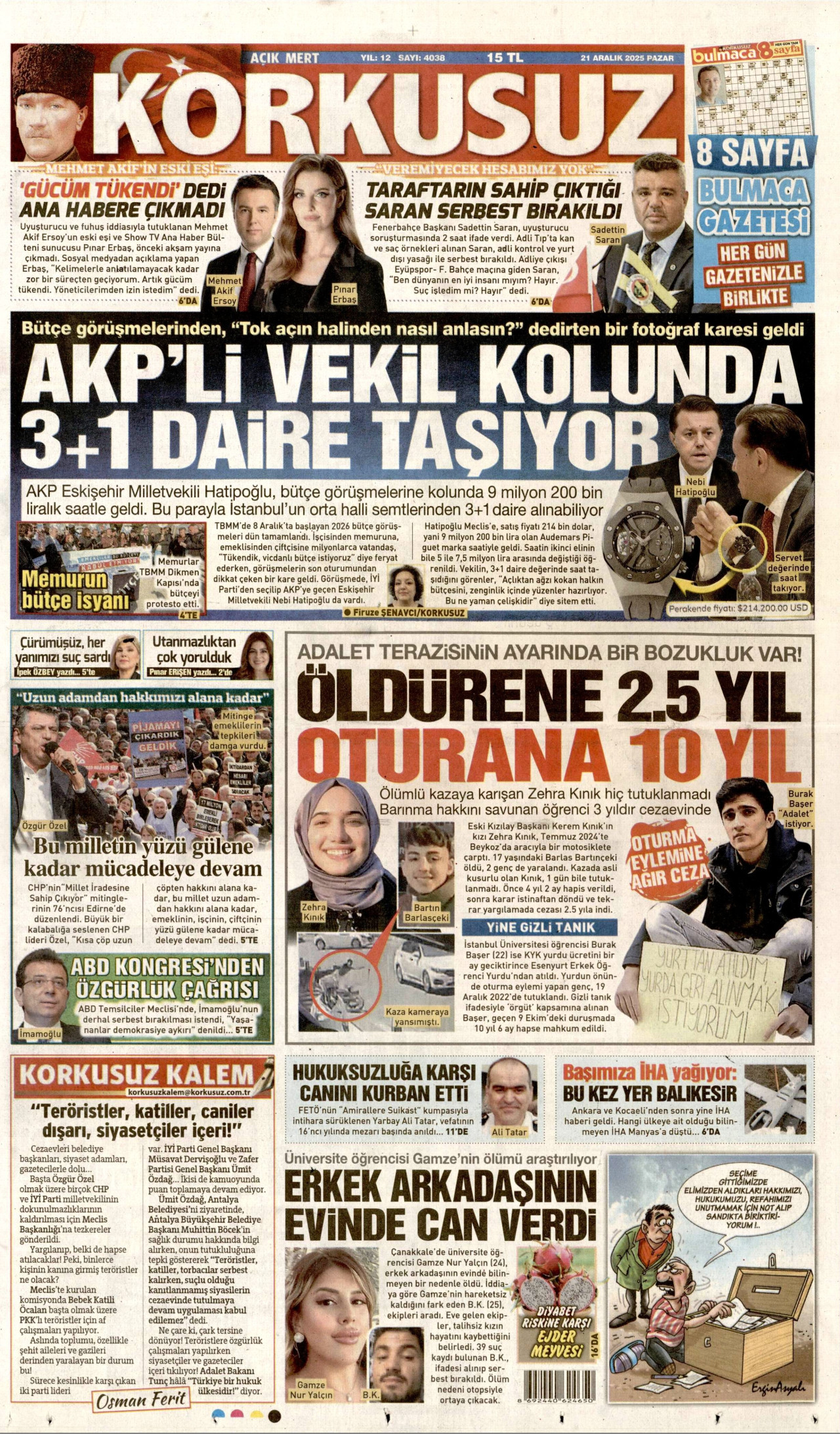 KORKUSUZ gazetesinin 21 Aralık 2025 tarihli birinci sayfası