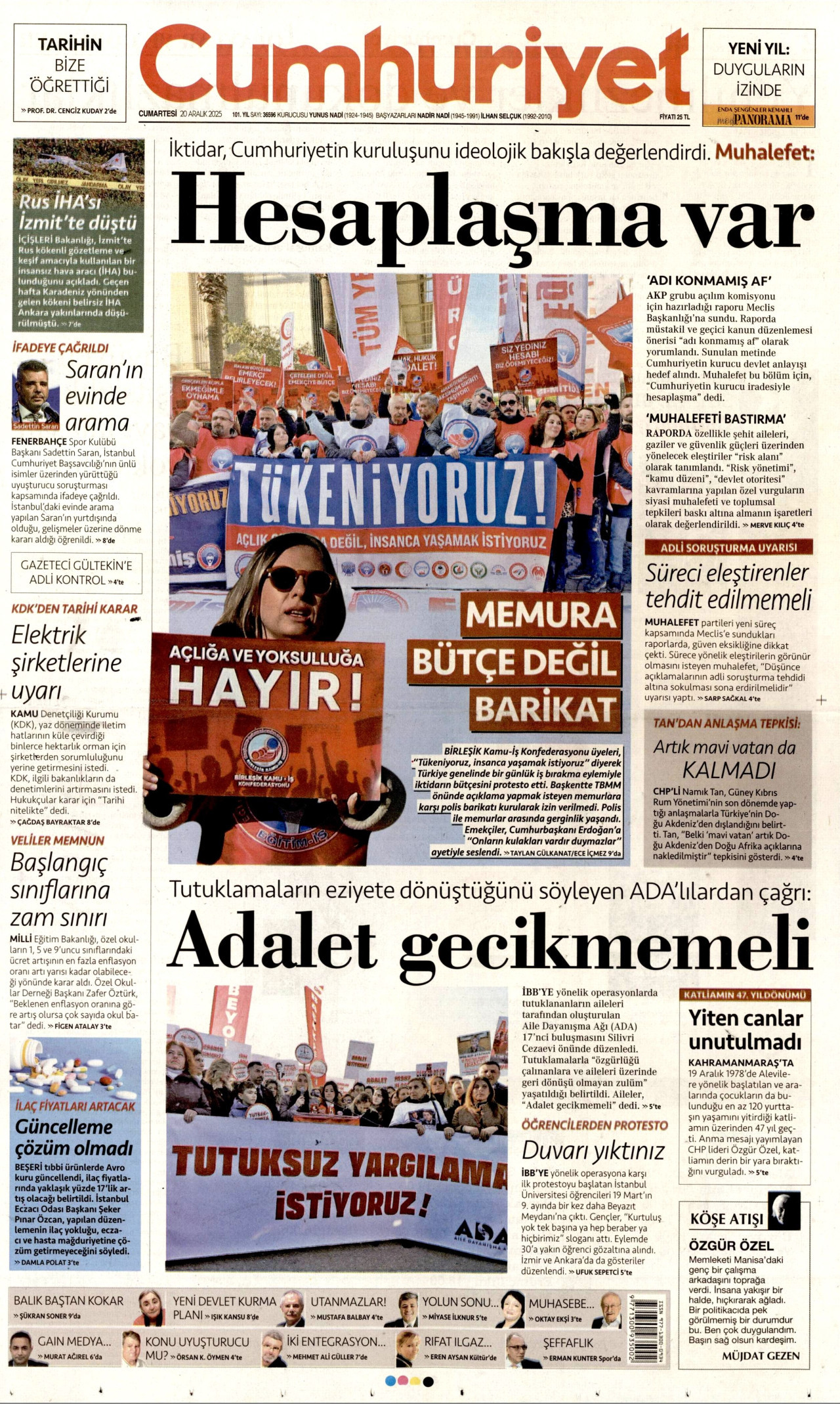 CUMHURİYET gazetesinin 20 Aralık 2025 tarihli birinci sayfası