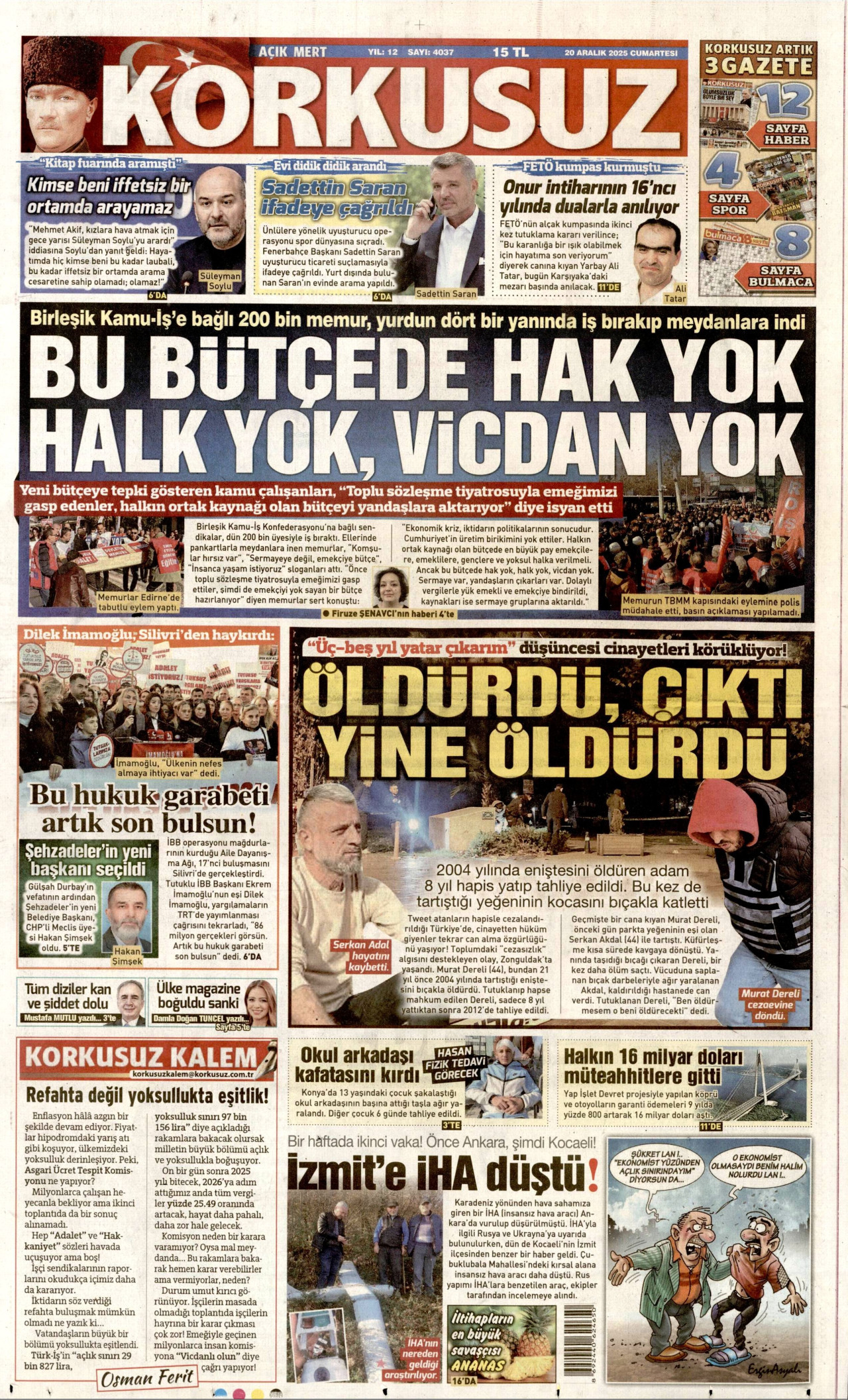 KORKUSUZ gazetesinin 20 Aralık 2025 tarihli birinci sayfası