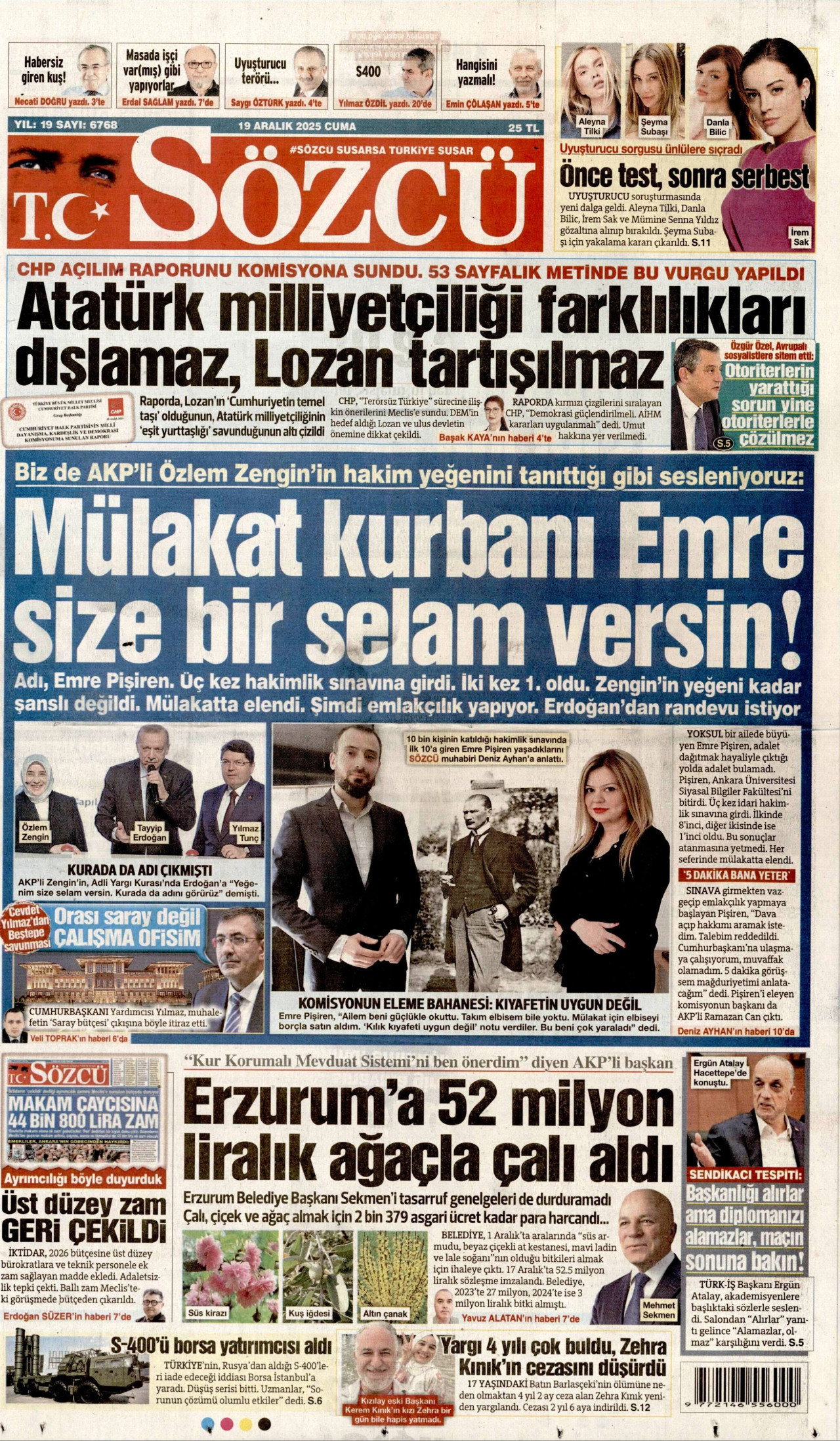 SÖZCÜ gazetesinin 19 Aralık 2025 tarihli birinci sayfası