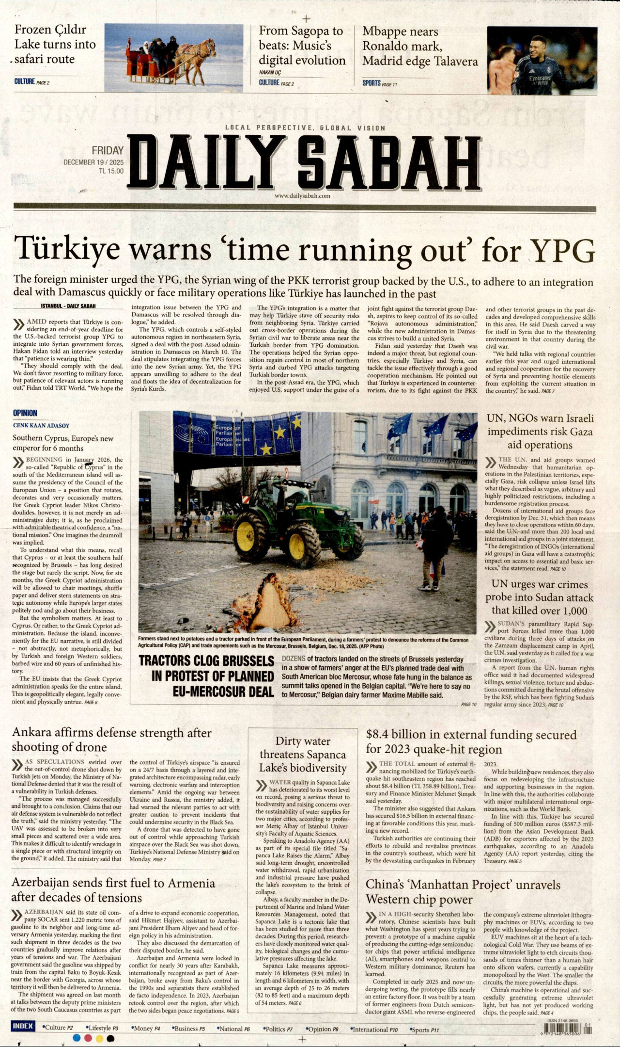 DAİLY SABAH gazetesinin 19 Aralık 2025 tarihli birinci sayfası