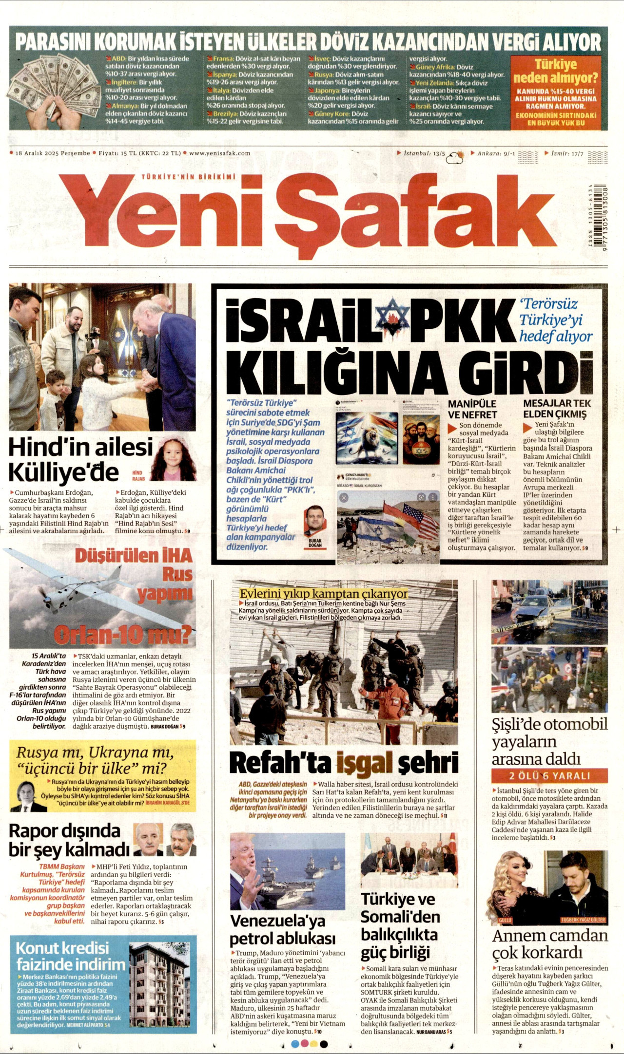 YENİ ŞAFAK gazetesinin 18 Aralık 2025 tarihli birinci sayfası
