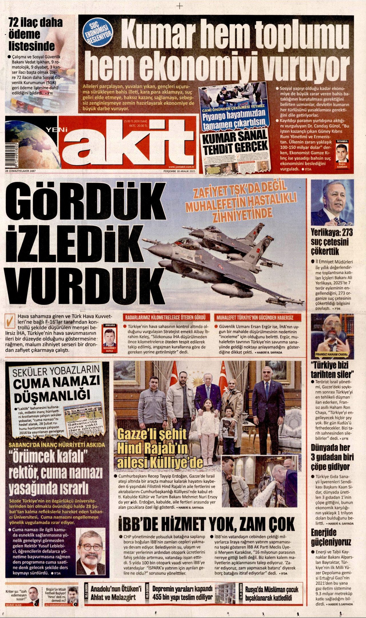 YENİ AKİT gazetesinin 18 Aralık 2025 tarihli birinci sayfası