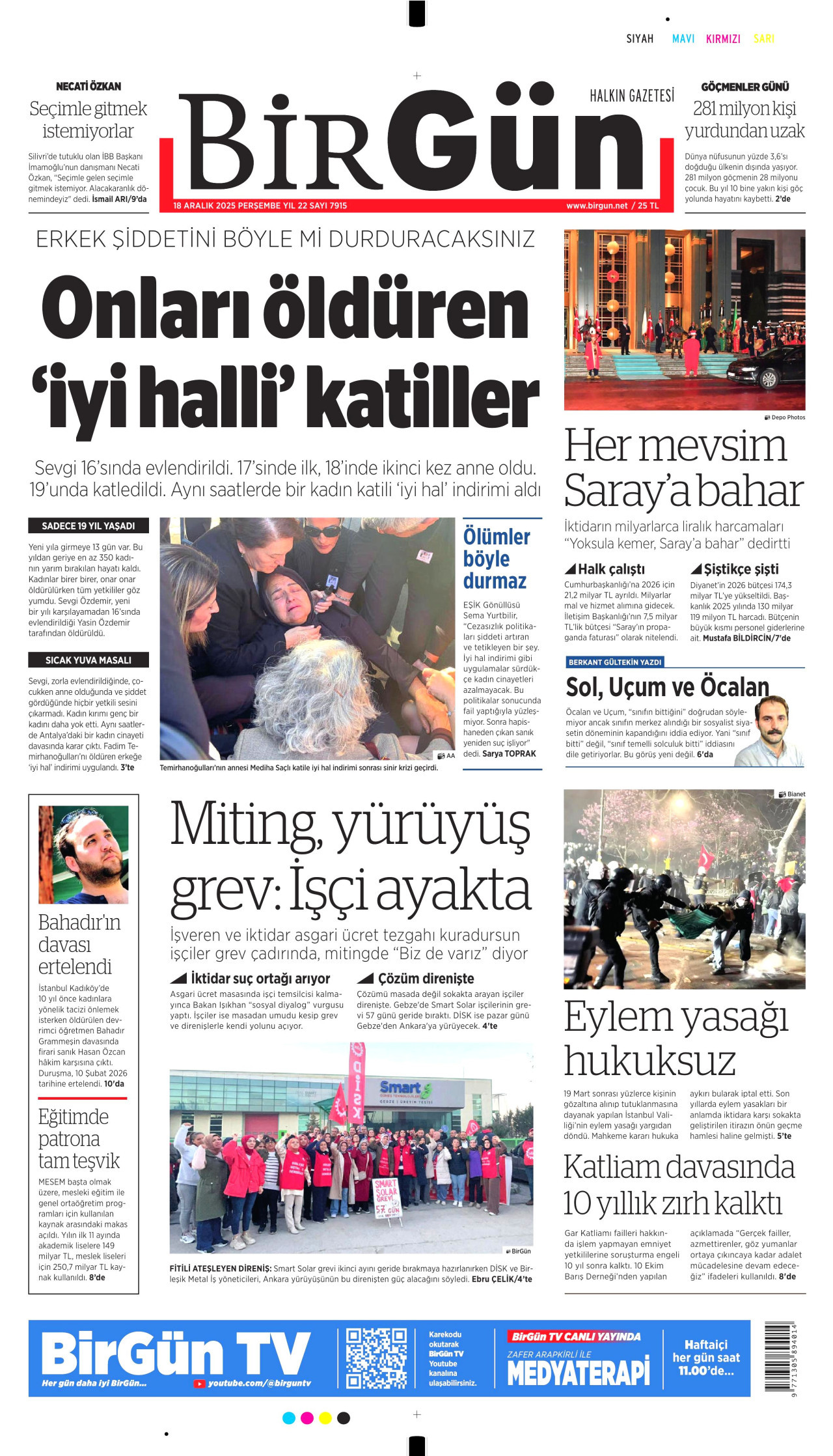 BİRGÜN gazetesinin 18 Aralık 2025 tarihli birinci sayfası