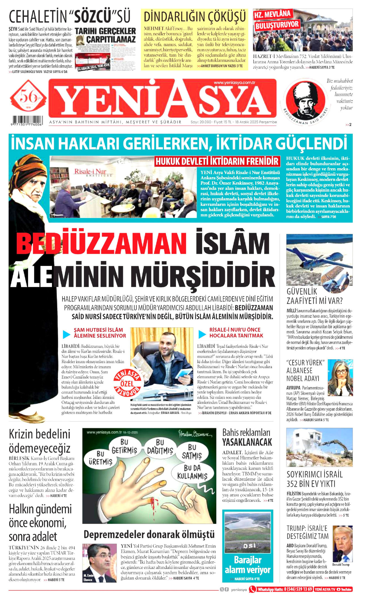 YENİ ASYA gazetesinin 18 Aralık 2025 tarihli birinci sayfası