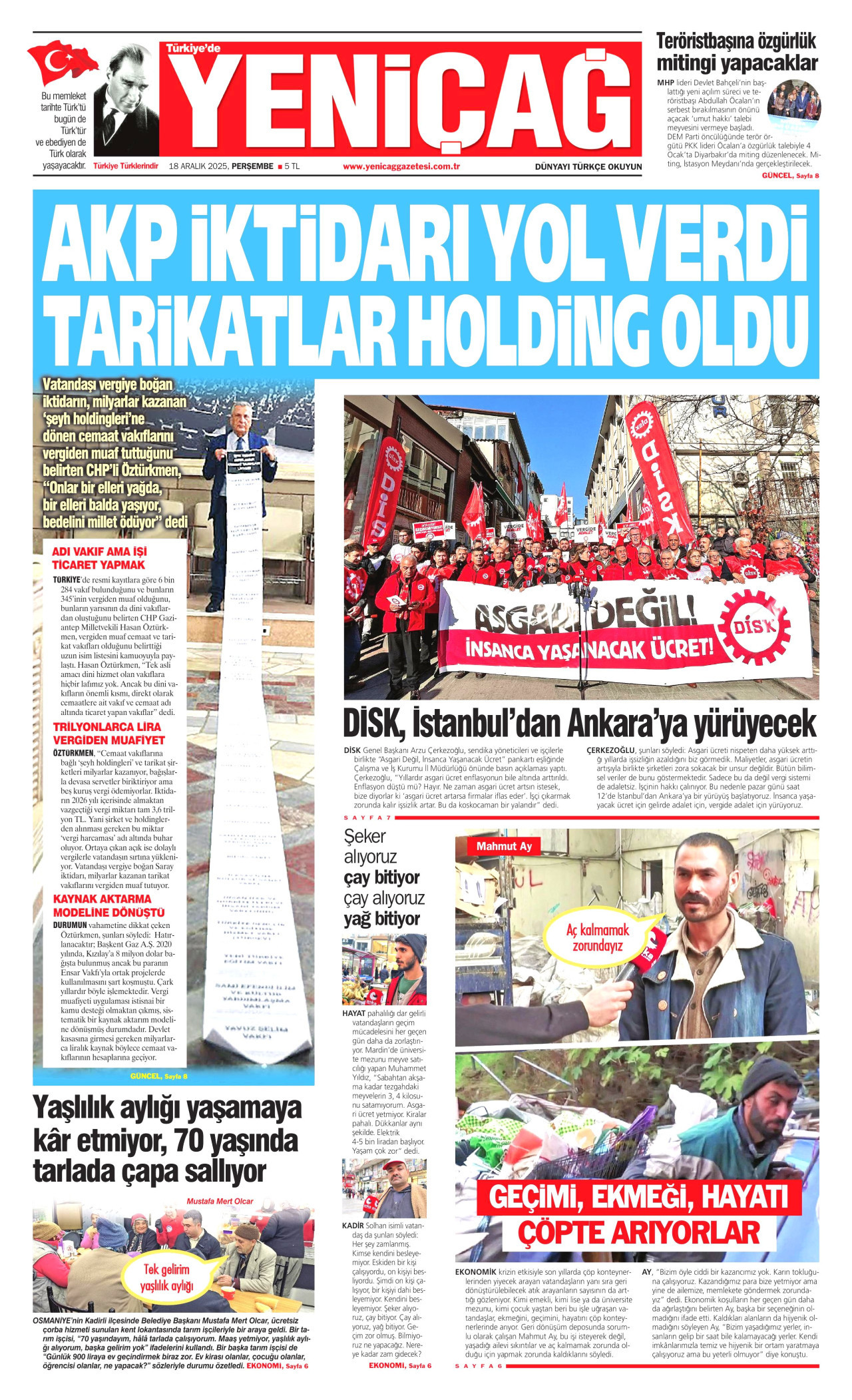 YENİÇAĞ gazetesinin 18 Aralık 2025 tarihli birinci sayfası