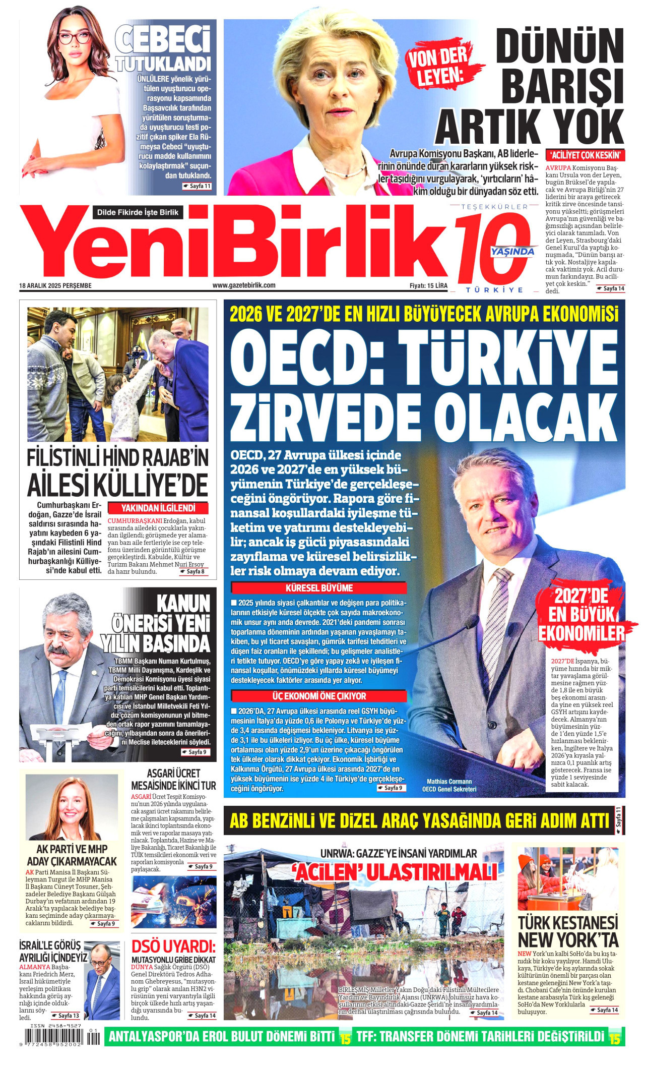 YENİBİRLİK gazetesinin 18 Aralık 2025 tarihli birinci sayfası