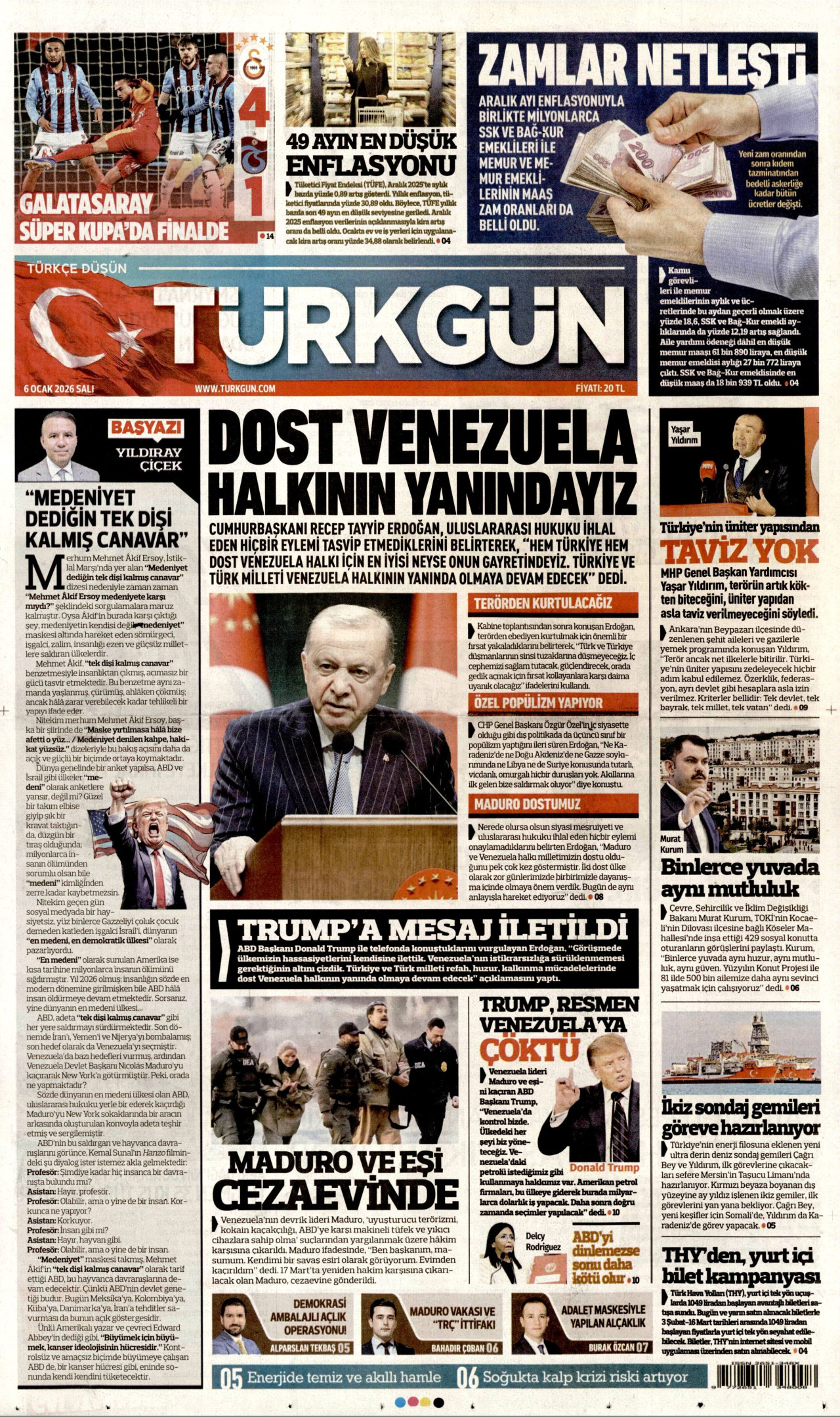 TÜRKGÜN gazetesinin 6 Ocak 2026 tarihli birinci sayfası
