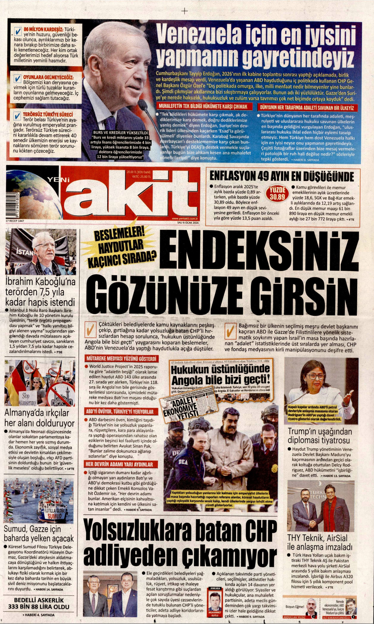 YENİ AKİT gazetesinin 6 Ocak 2026 tarihli birinci sayfası