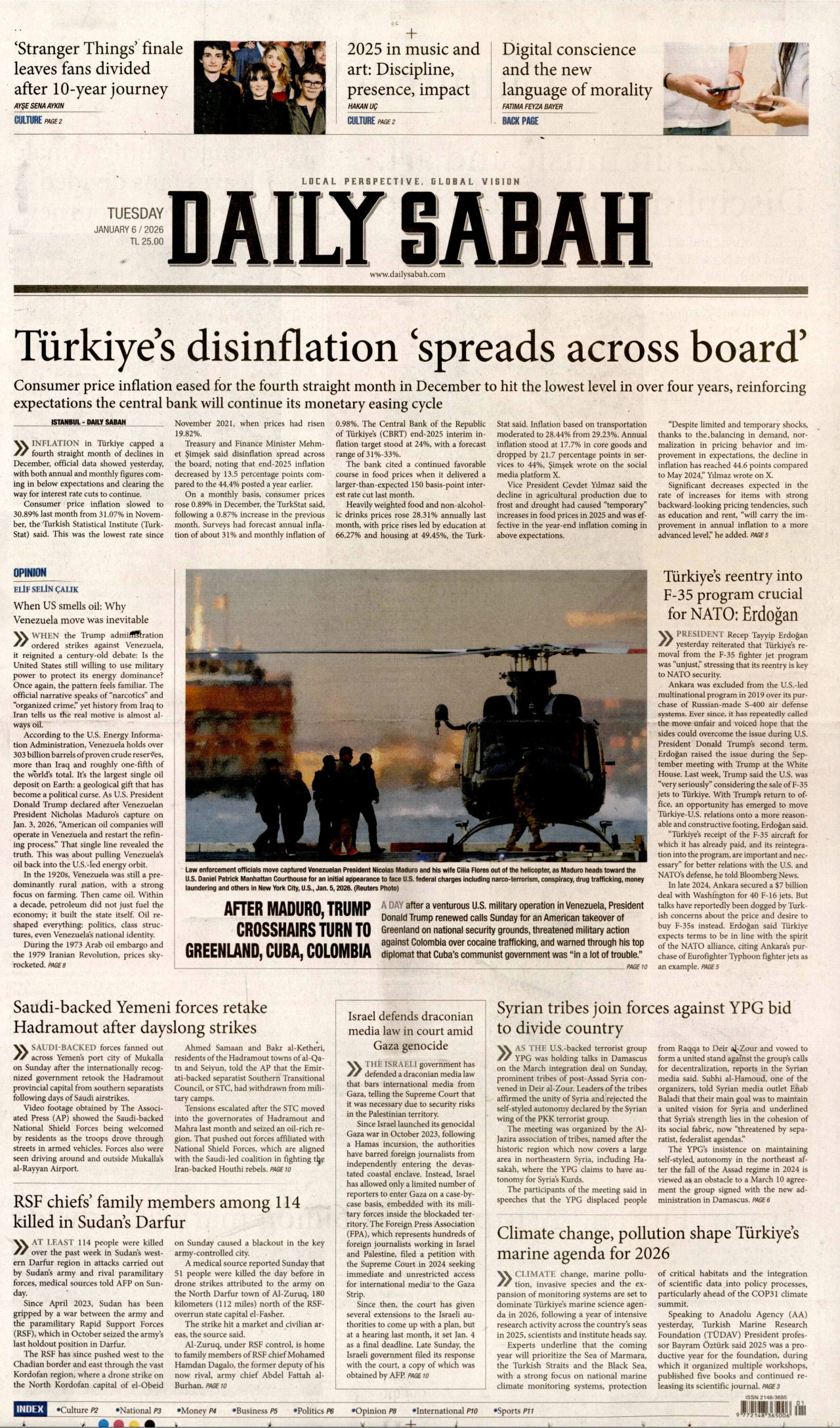 DAİLY SABAH gazetesinin 6 Ocak 2026 tarihli birinci sayfası