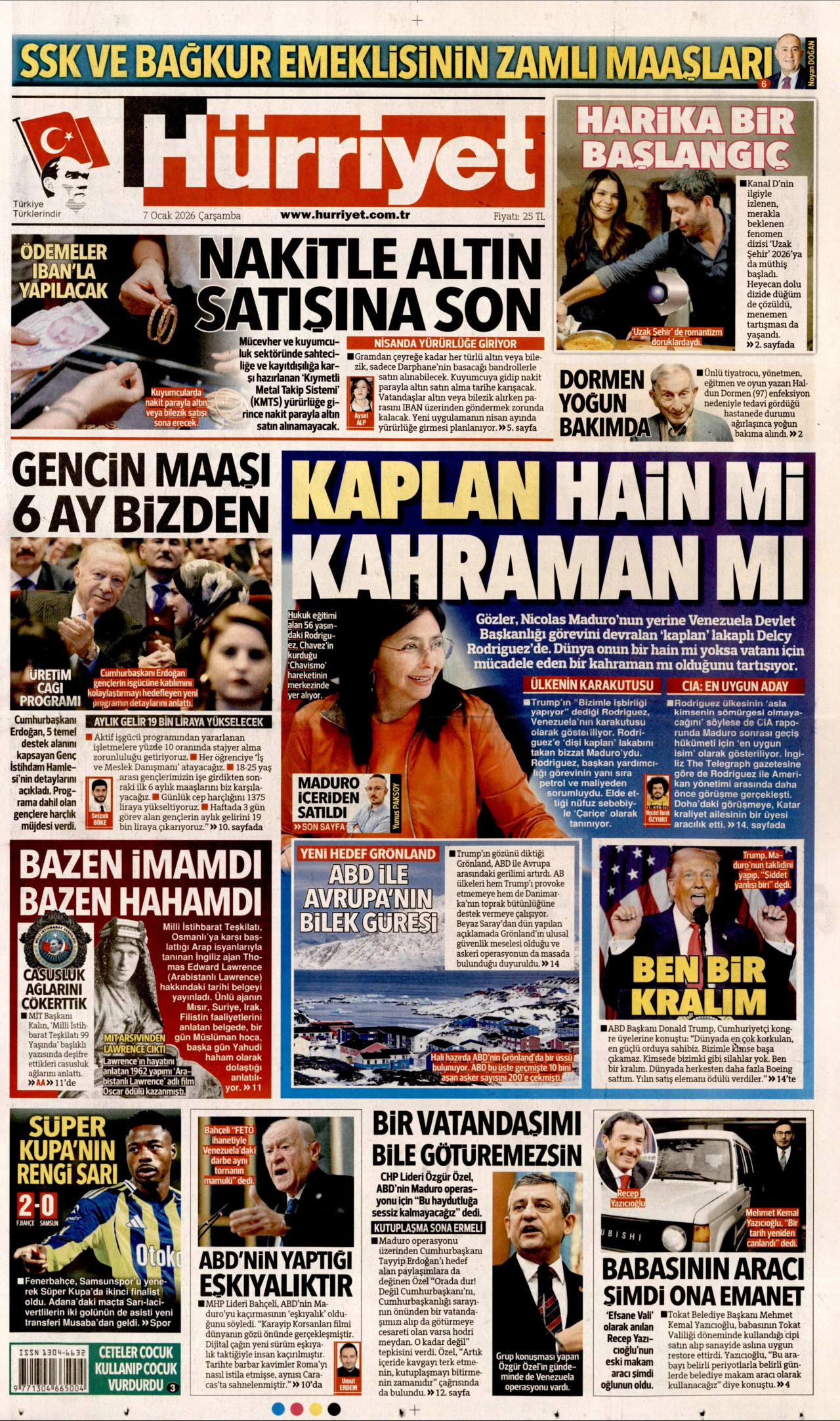 HÜRRİYET gazetesinin 7 Ocak 2026 tarihli birinci sayfası