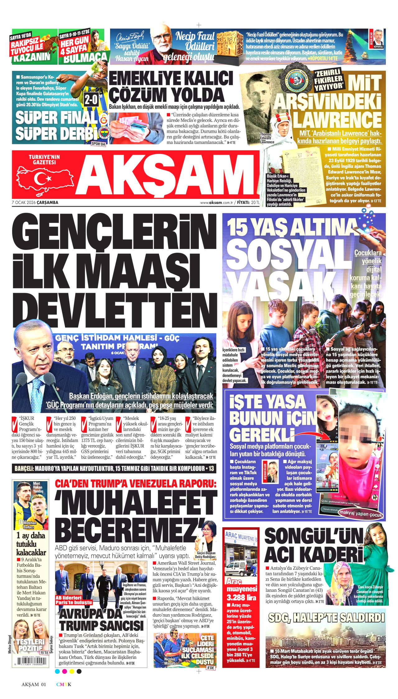 AKŞAM gazetesinin 7 Ocak 2026 tarihli birinci sayfası