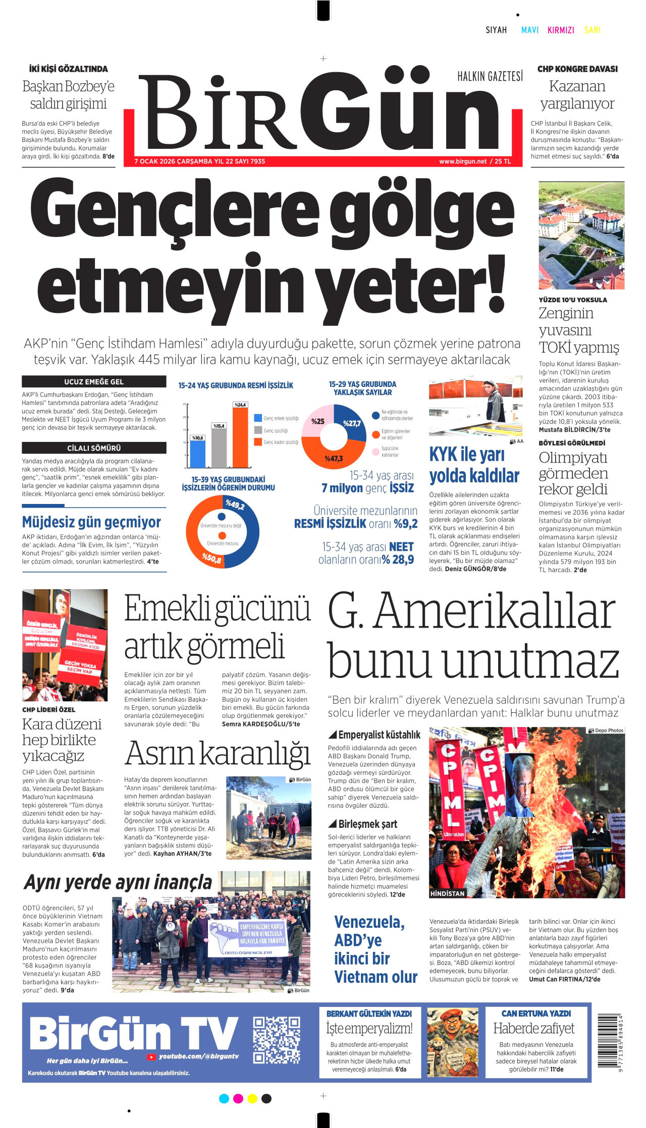 BİRGÜN gazetesinin 7 Ocak 2026 tarihli birinci sayfası