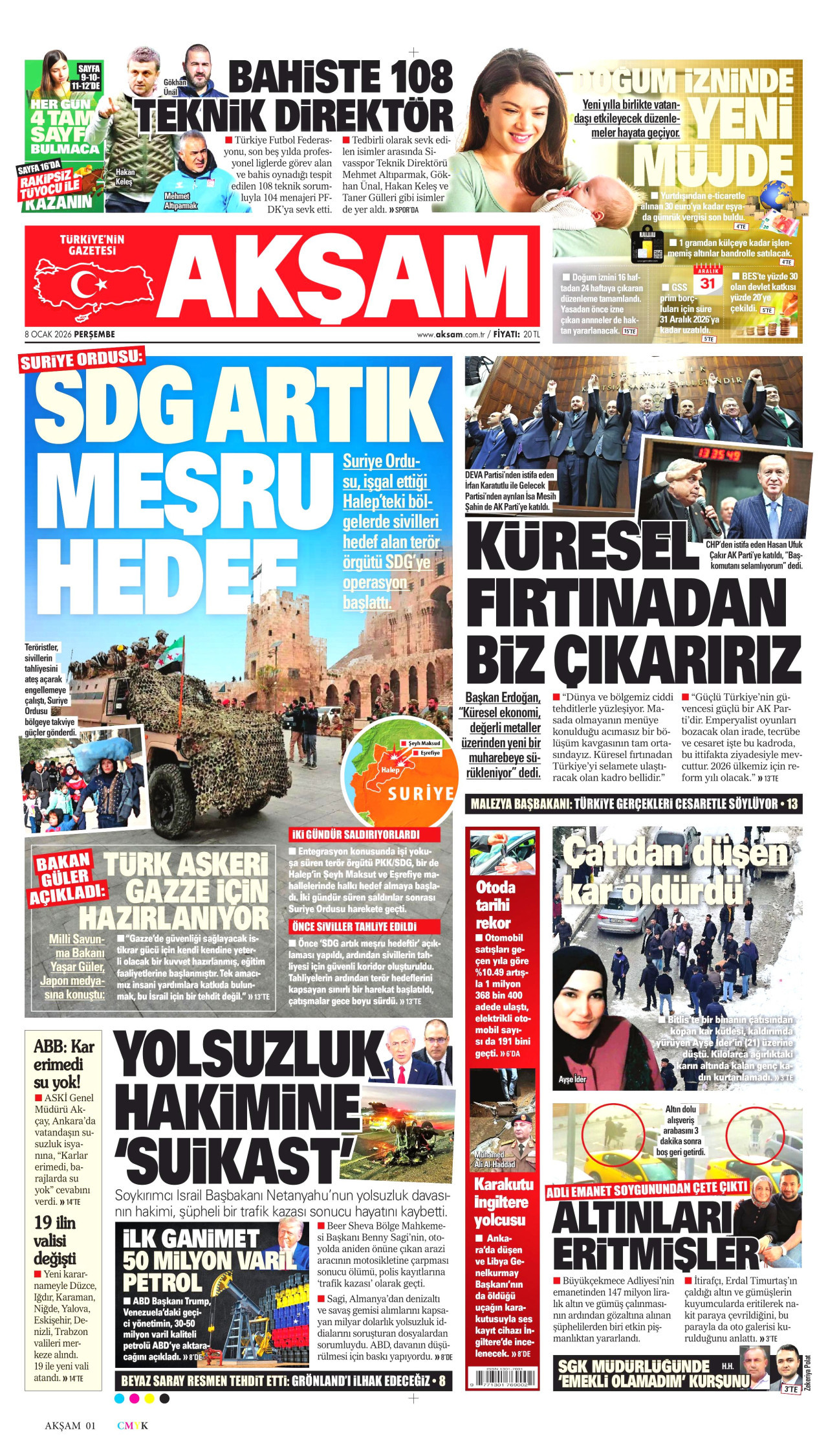 AKŞAM gazetesinin 8 Ocak 2026 tarihli birinci sayfası