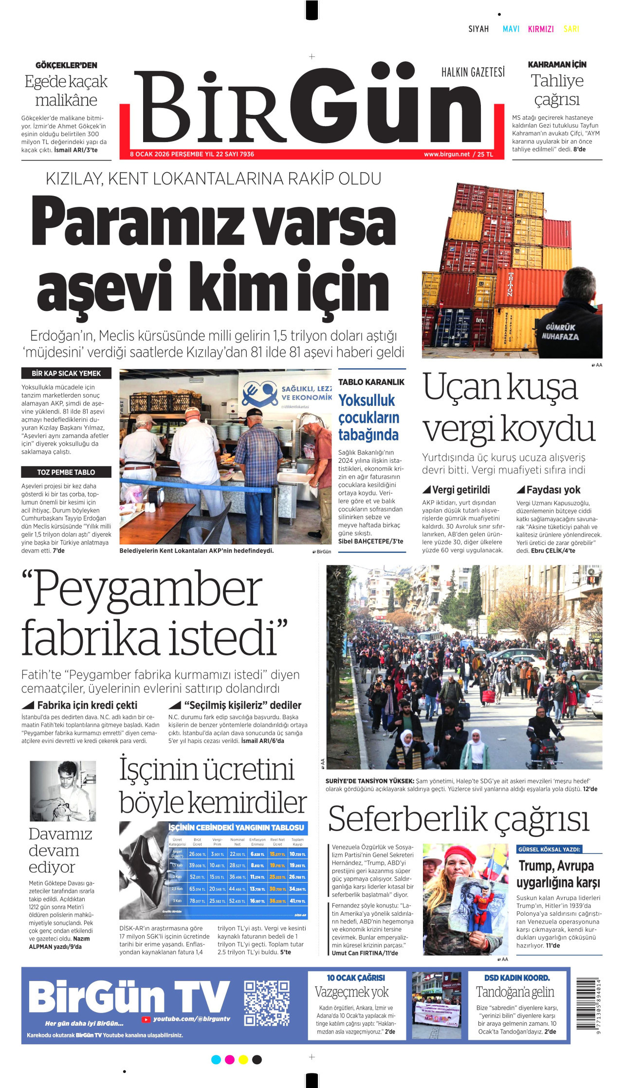 BİRGÜN gazetesinin 8 Ocak 2026 tarihli birinci sayfası