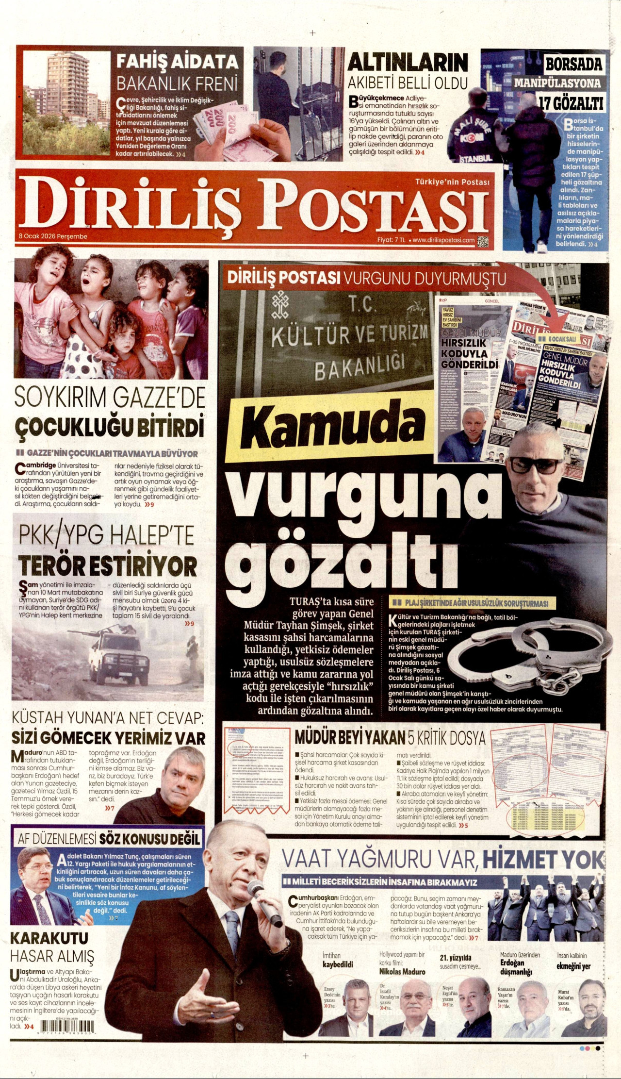 DİRİLİŞ POSTASI gazetesinin 8 Ocak 2026 tarihli birinci sayfası