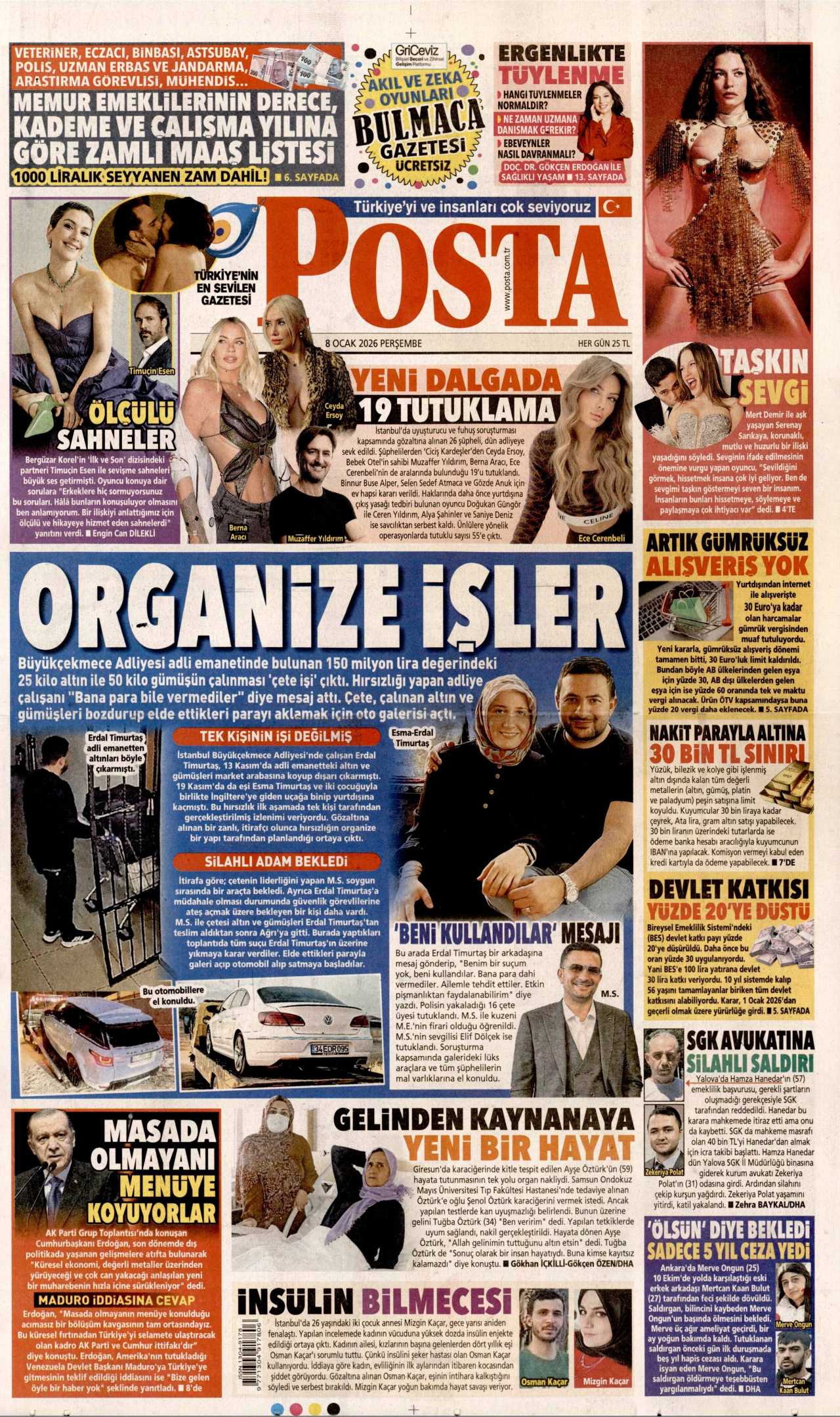 POSTA gazetesinin 8 Ocak 2026 tarihli birinci sayfası