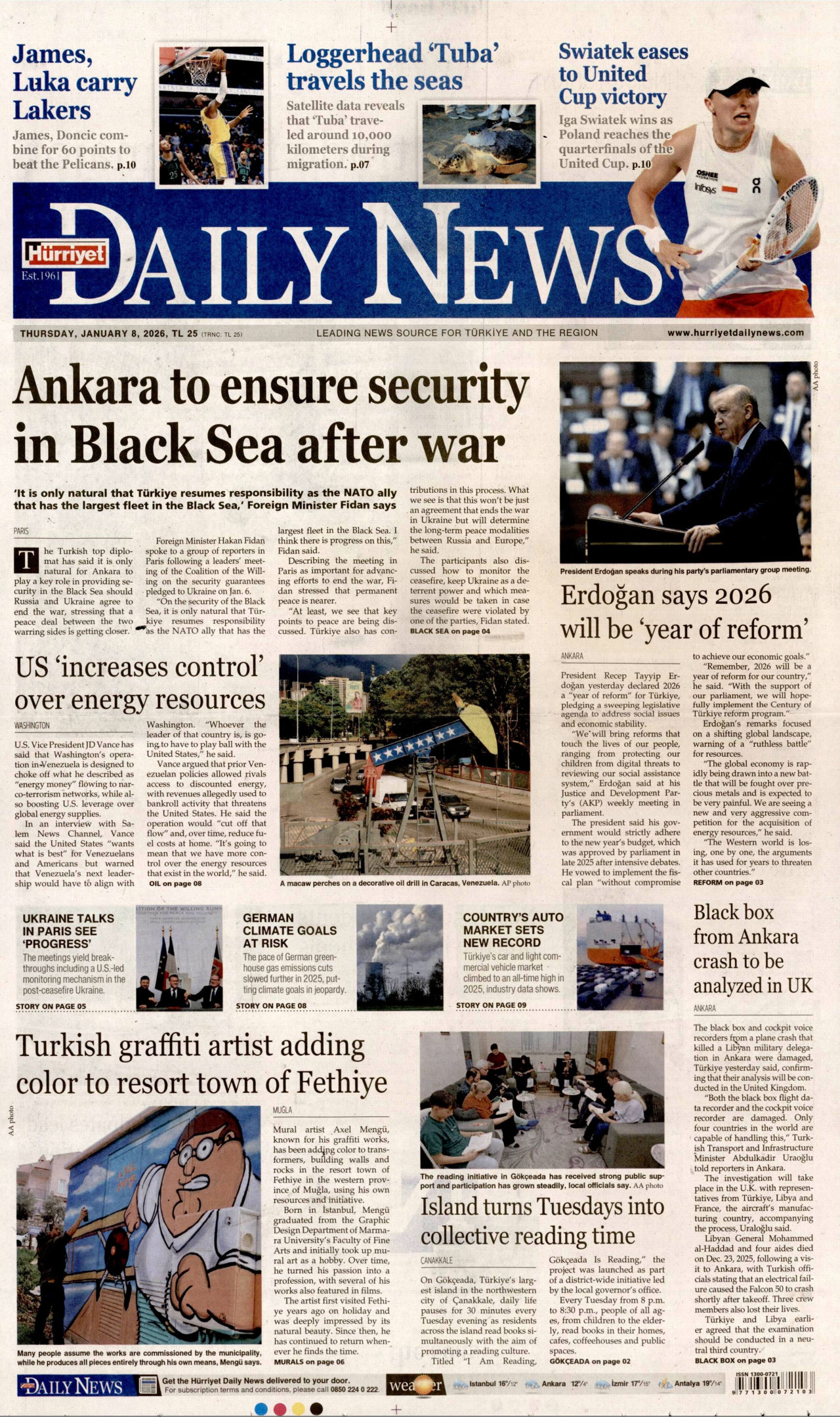HÜRRİYET DAİLY NEWS gazetesinin 8 Ocak 2026 tarihli birinci sayfası