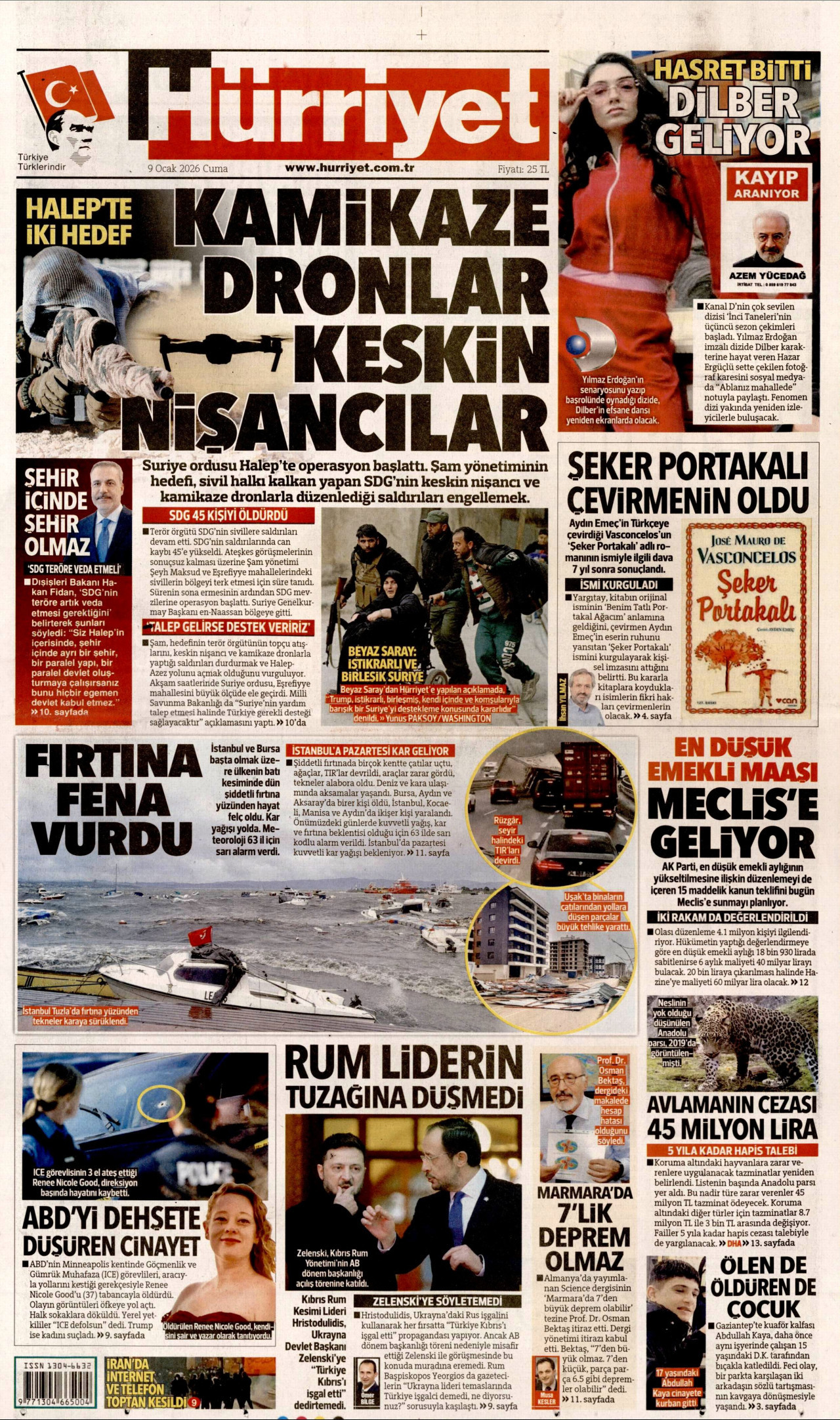 HÜRRİYET gazetesinin 9 Ocak 2026 tarihli birinci sayfası