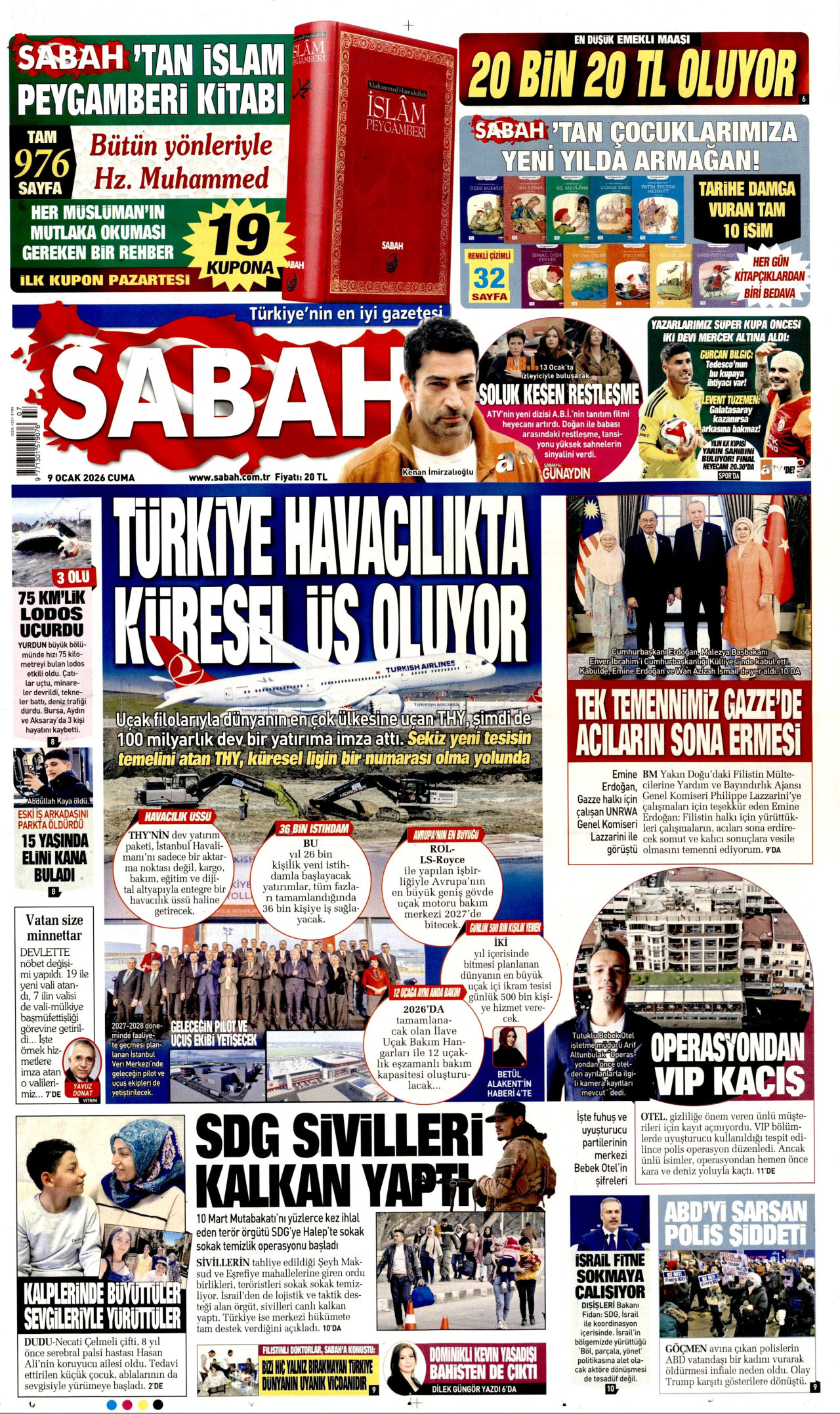 SABAH gazetesinin 9 Ocak 2026 tarihli birinci sayfası