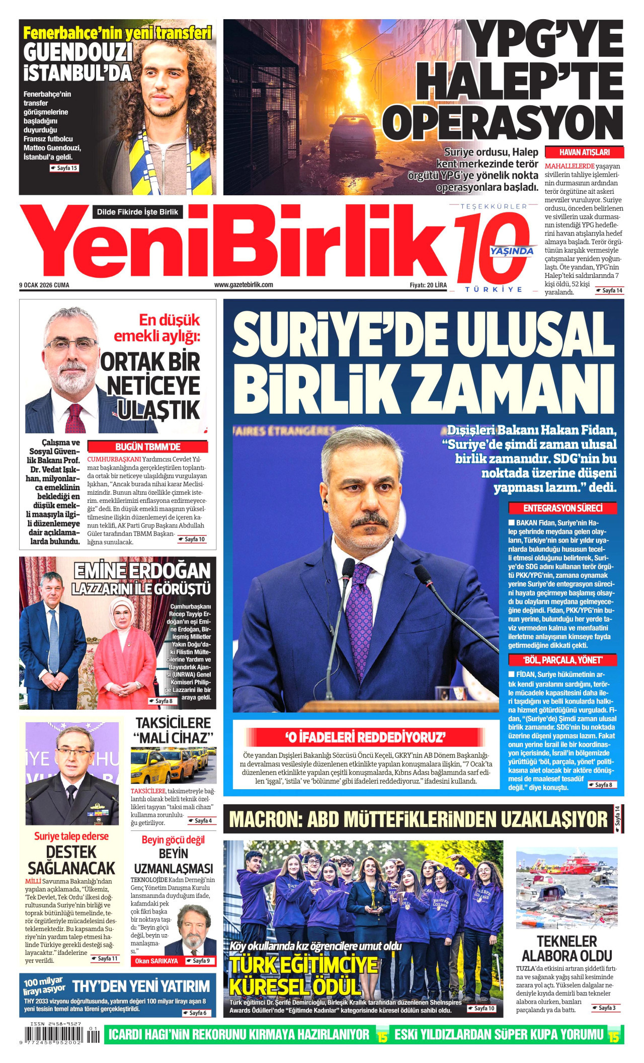 YENİBİRLİK gazetesinin 9 Ocak 2026 tarihli birinci sayfası
