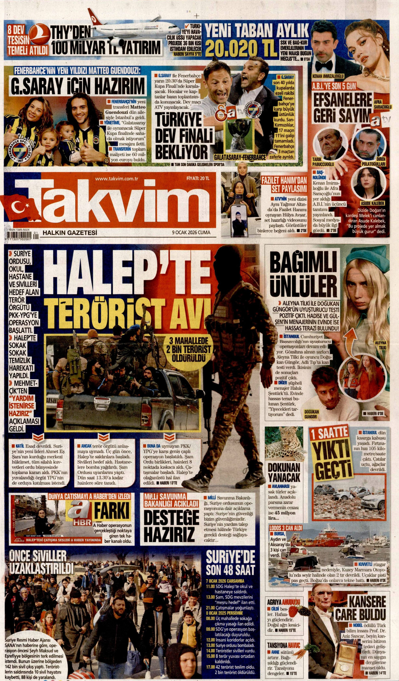 TAKVİM gazetesinin 9 Ocak 2026 tarihli birinci sayfası