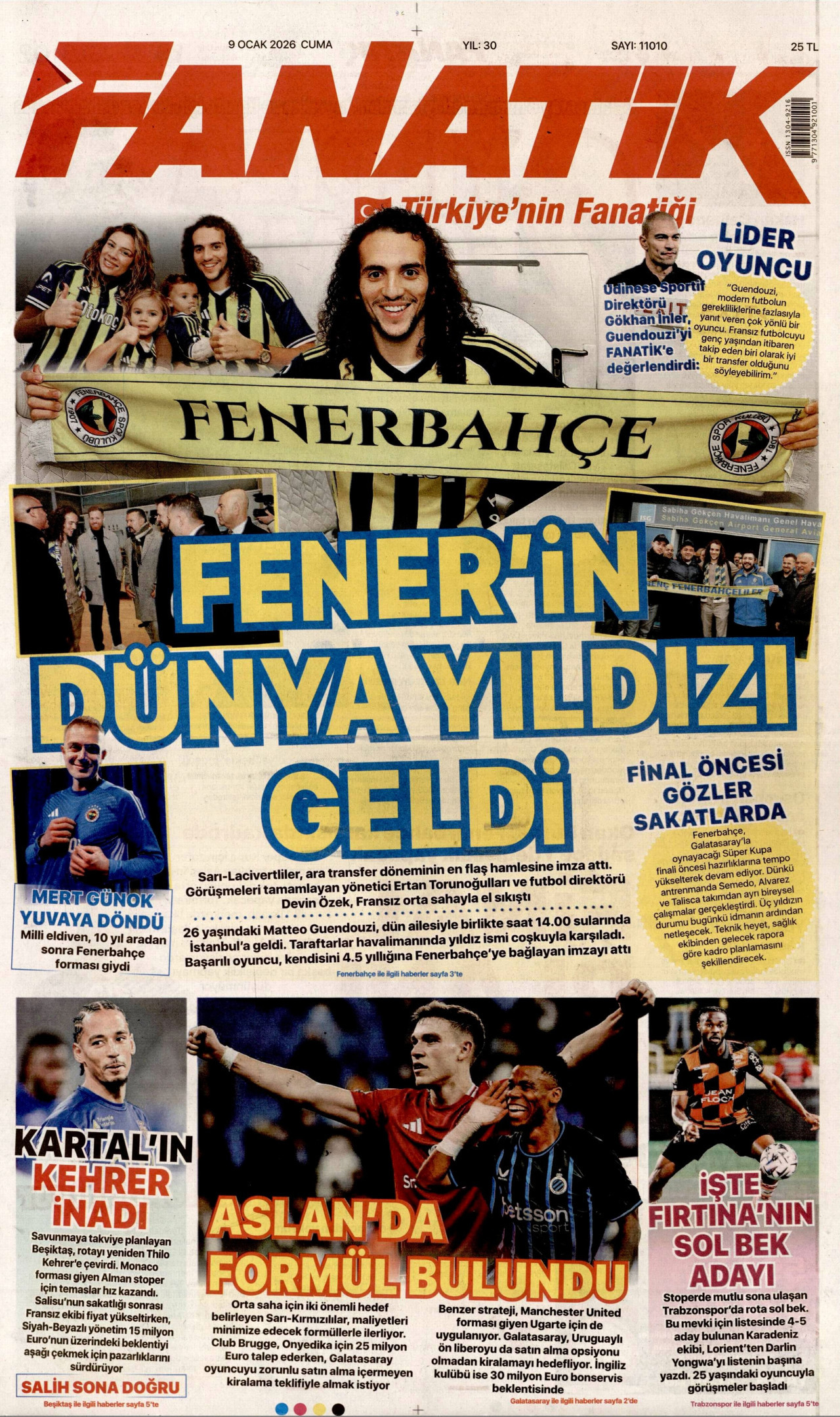 FANATİK gazetesinin 9 Ocak 2026 tarihli birinci sayfası