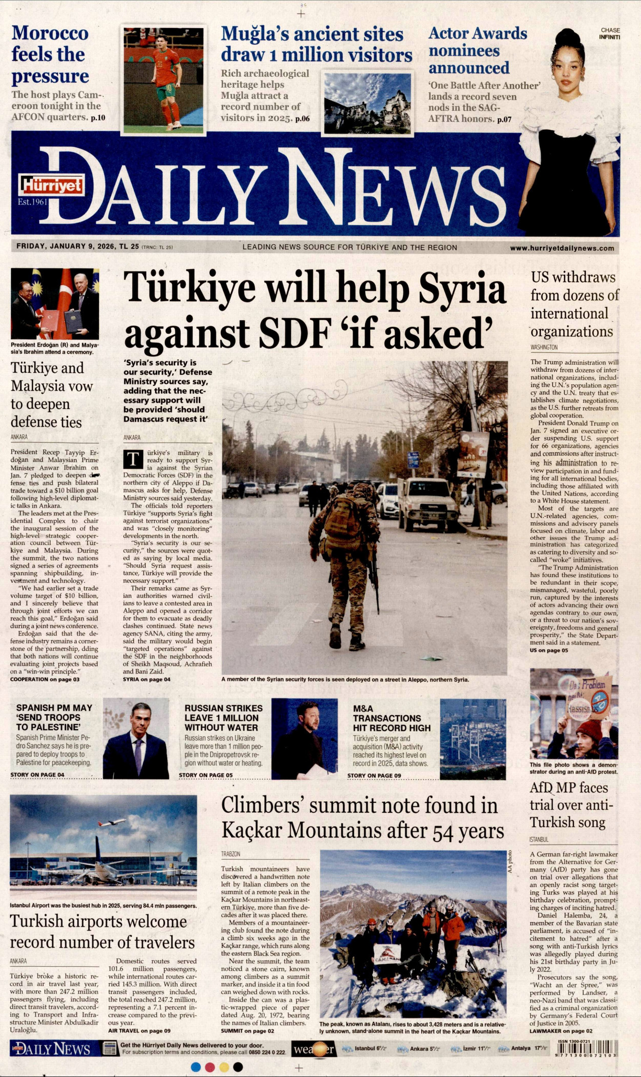 HÜRRİYET DAİLY NEWS gazetesinin 9 Ocak 2026 tarihli birinci sayfası
