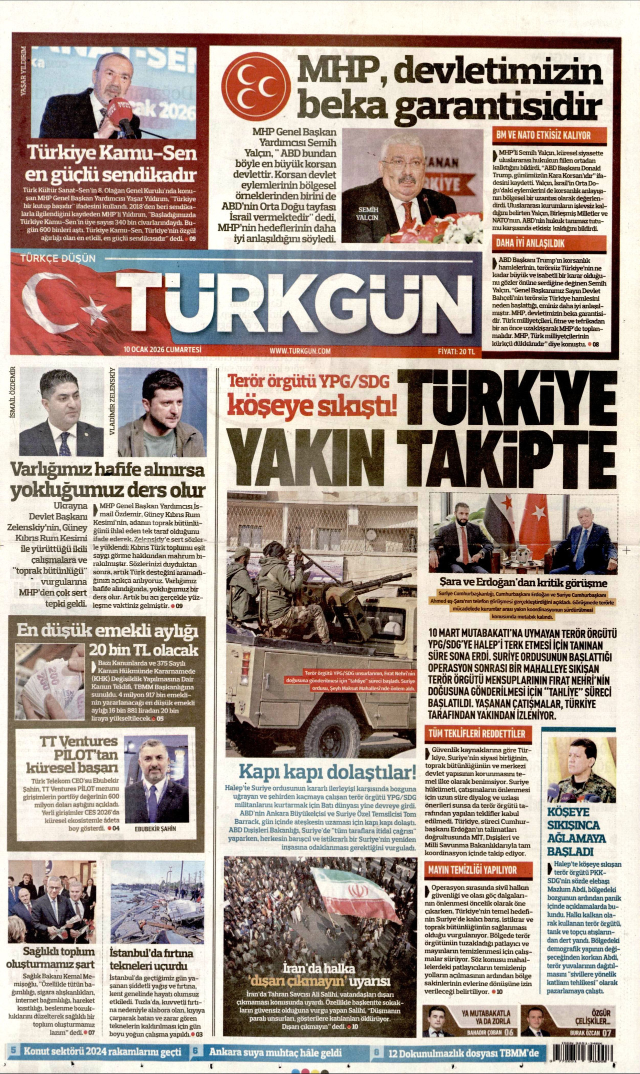 TÜRKGÜN gazetesinin 10 Ocak 2026 tarihli birinci sayfası