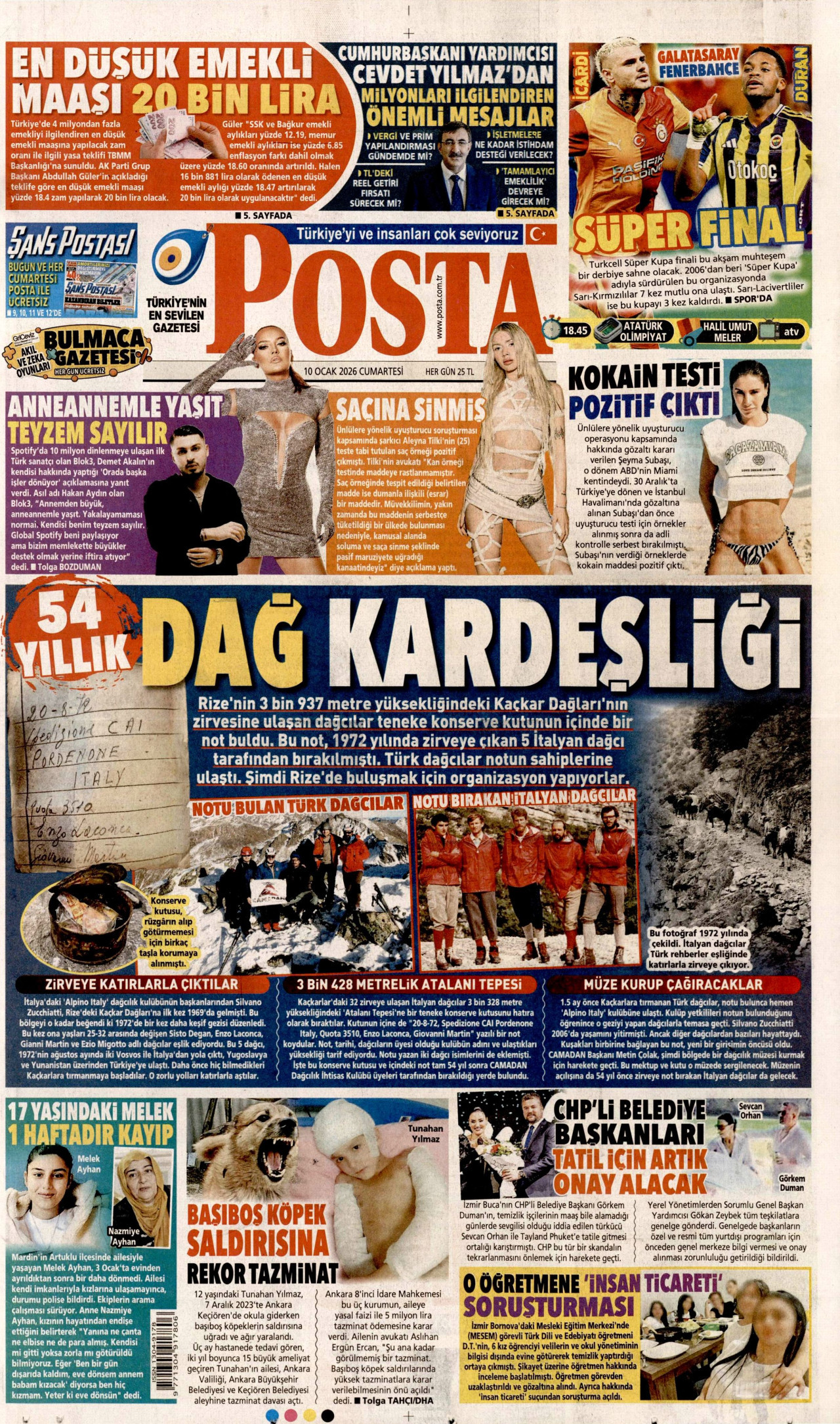 POSTA gazetesinin 10 Ocak 2026 tarihli birinci sayfası