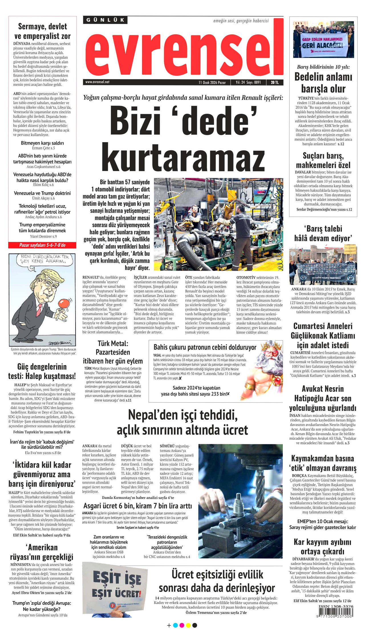 EVRENSEL gazetesinin 11 Ocak 2026 tarihli birinci sayfası