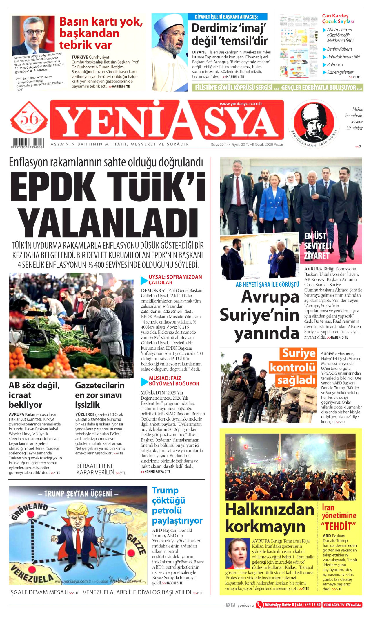 YENİ ASYA gazetesinin 11 Ocak 2026 tarihli birinci sayfası
