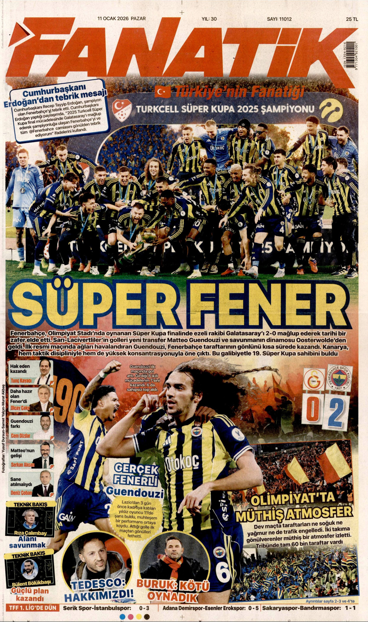 FANATİK gazetesinin 11 Ocak 2026 tarihli birinci sayfası