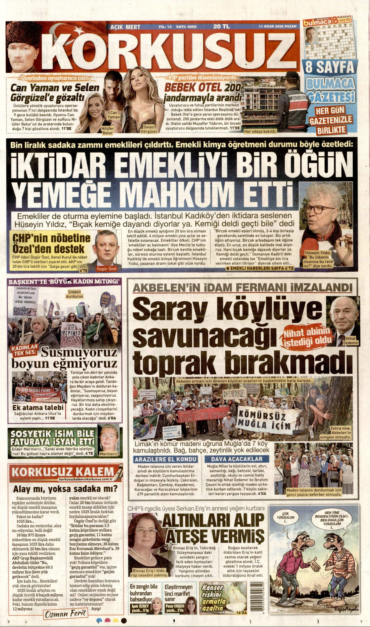 KORKUSUZ gazetesinin 11 Ocak 2026 tarihli birinci sayfası