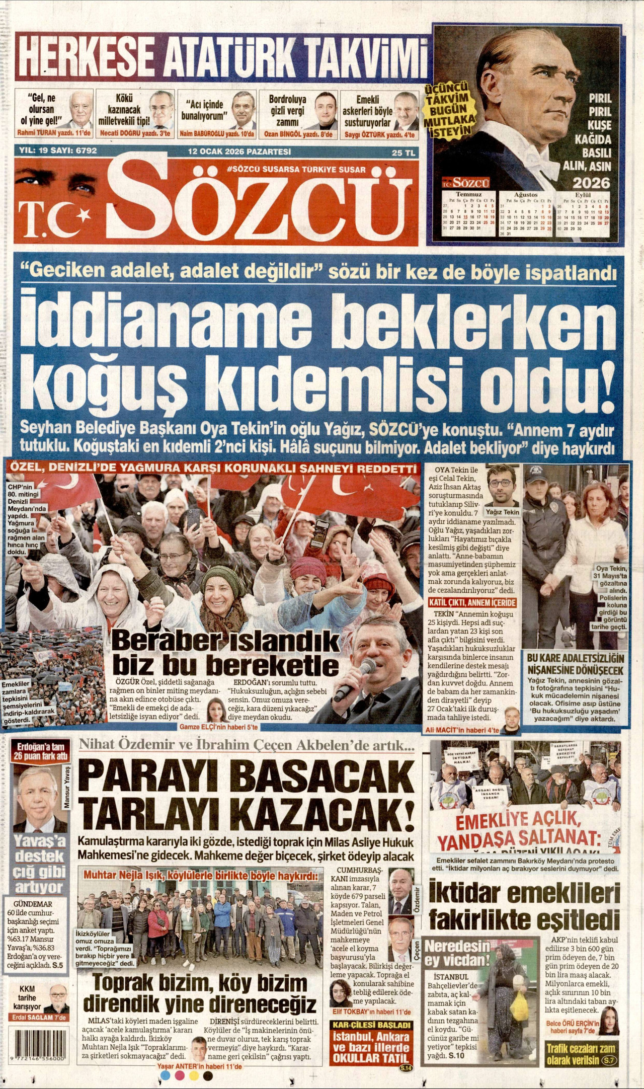 SÖZCÜ gazetesinin 12 Ocak 2026 tarihli birinci sayfası