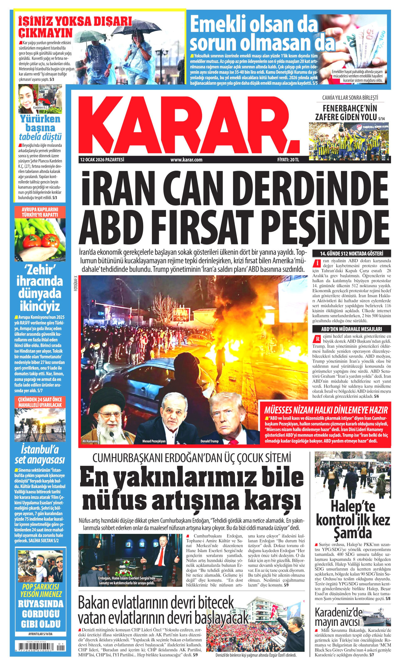 KARAR gazetesinin 12 Ocak 2026 tarihli birinci sayfası