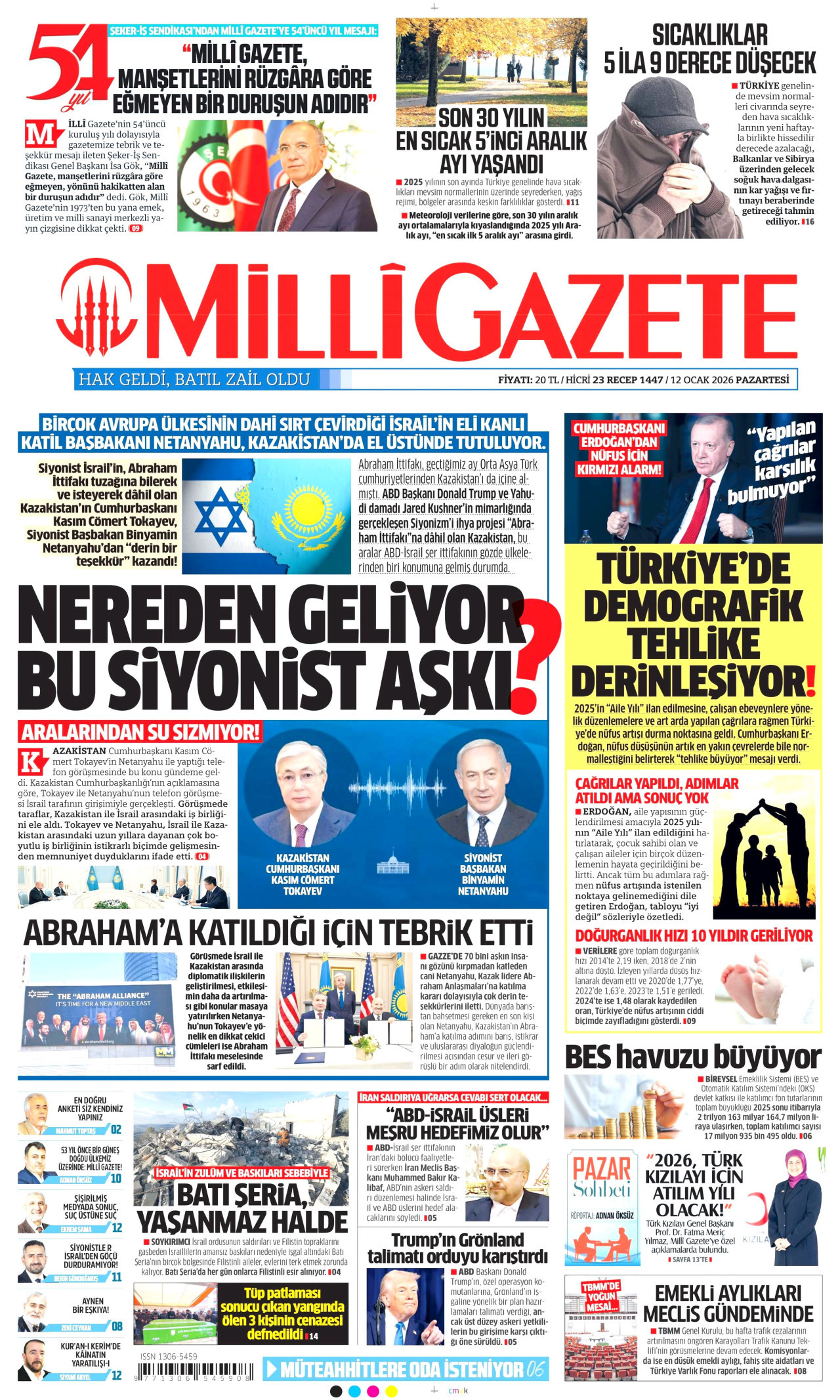 MİLLİ GAZETE gazetesinin 12 Ocak 2026 tarihli birinci sayfası