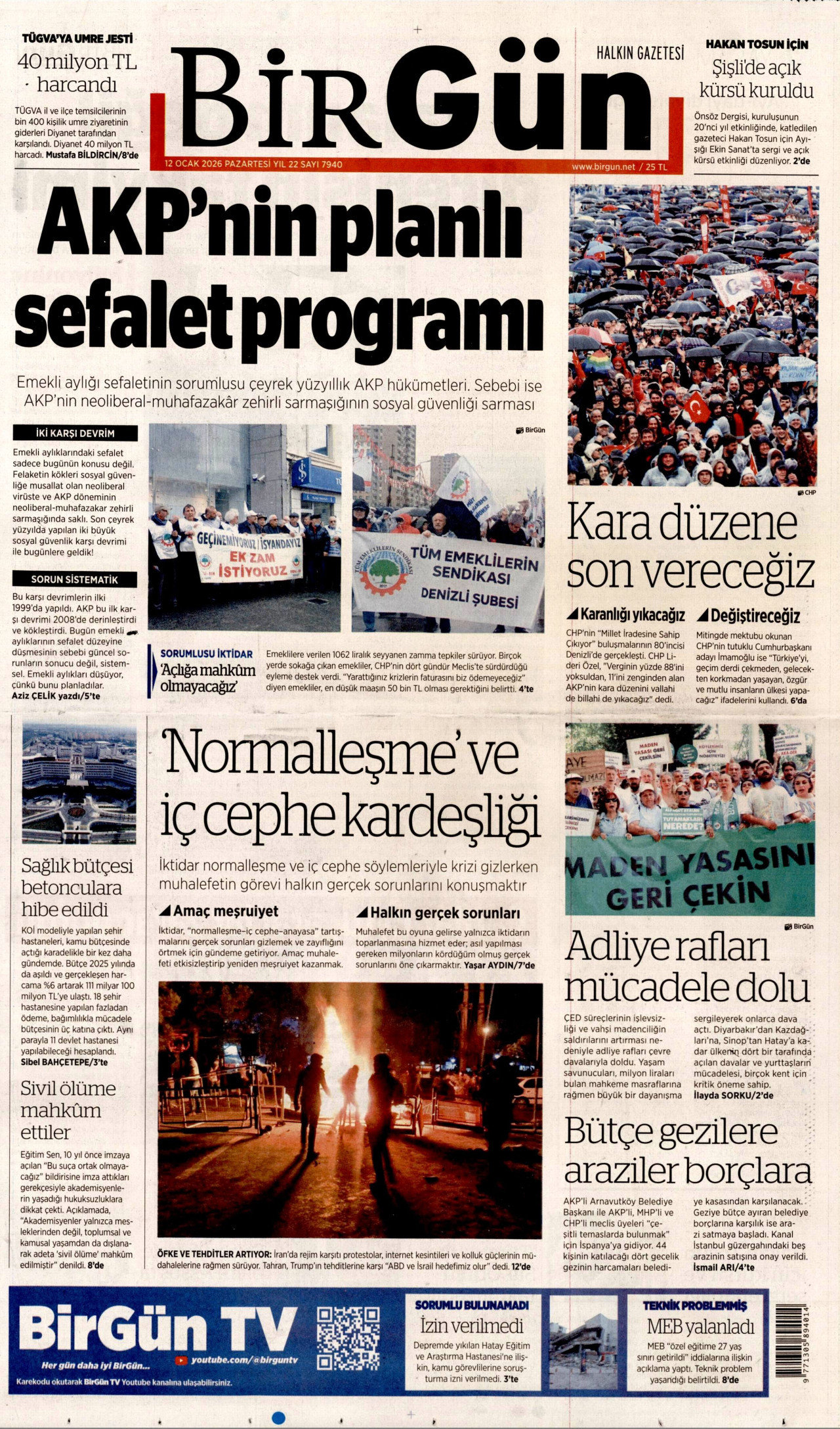 BİRGÜN gazetesinin 12 Ocak 2026 tarihli birinci sayfası