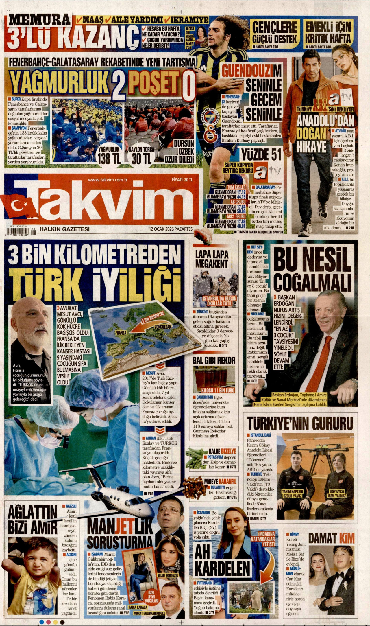 TAKVİM gazetesinin 12 Ocak 2026 tarihli birinci sayfası