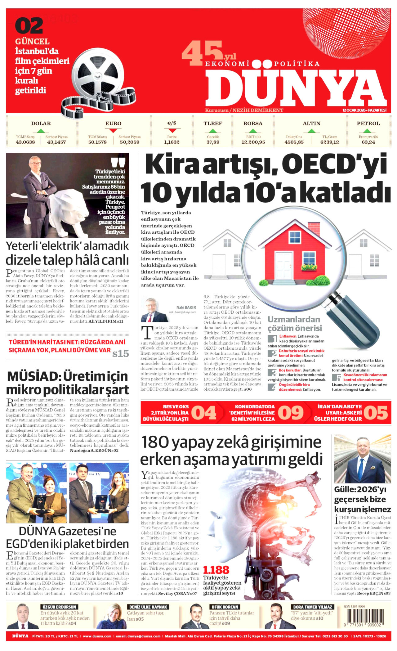 DÜNYA gazetesinin 12 Ocak 2026 tarihli birinci sayfası