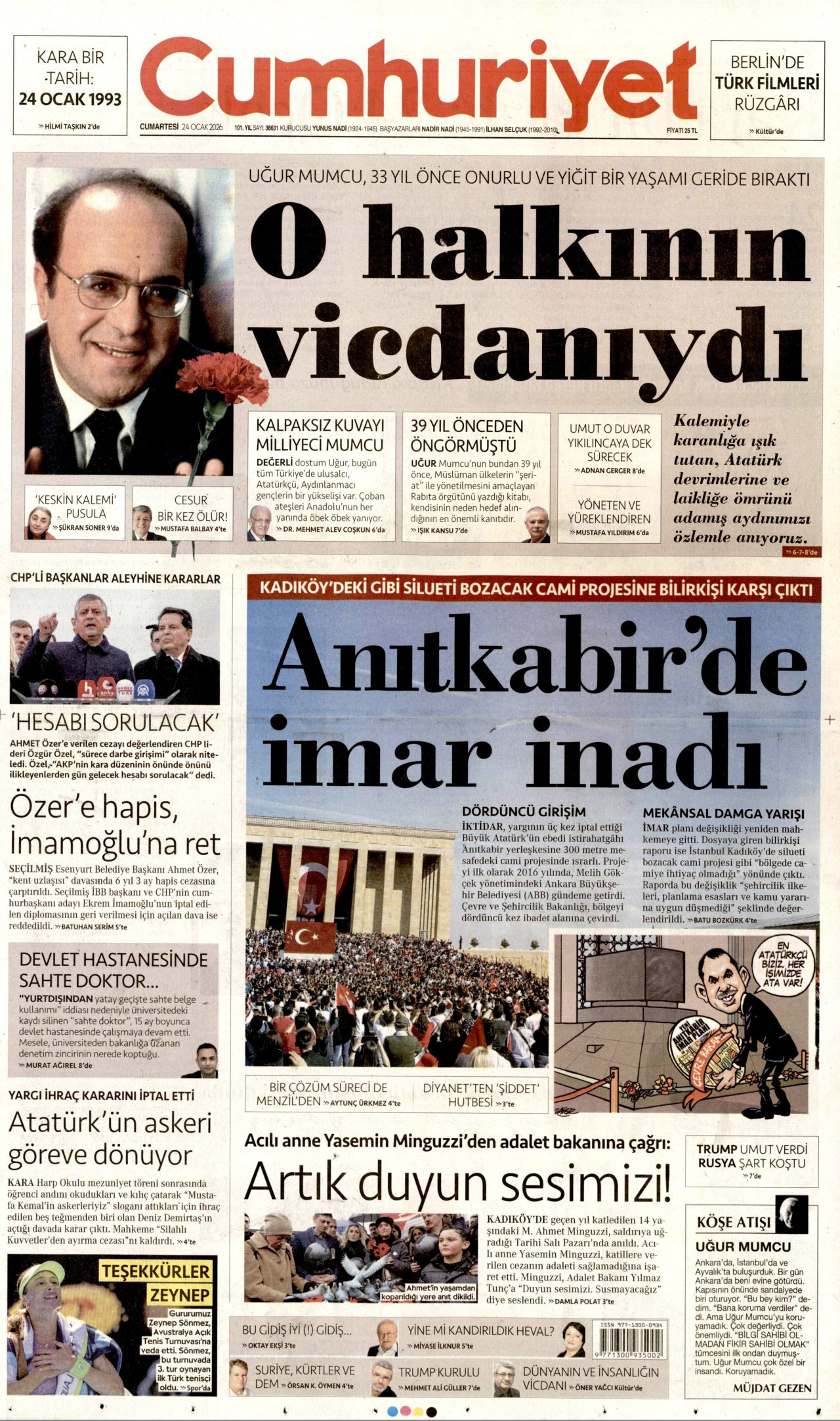 CUMHURİYET gazetesinin 24 Ocak 2026 tarihli birinci sayfası
