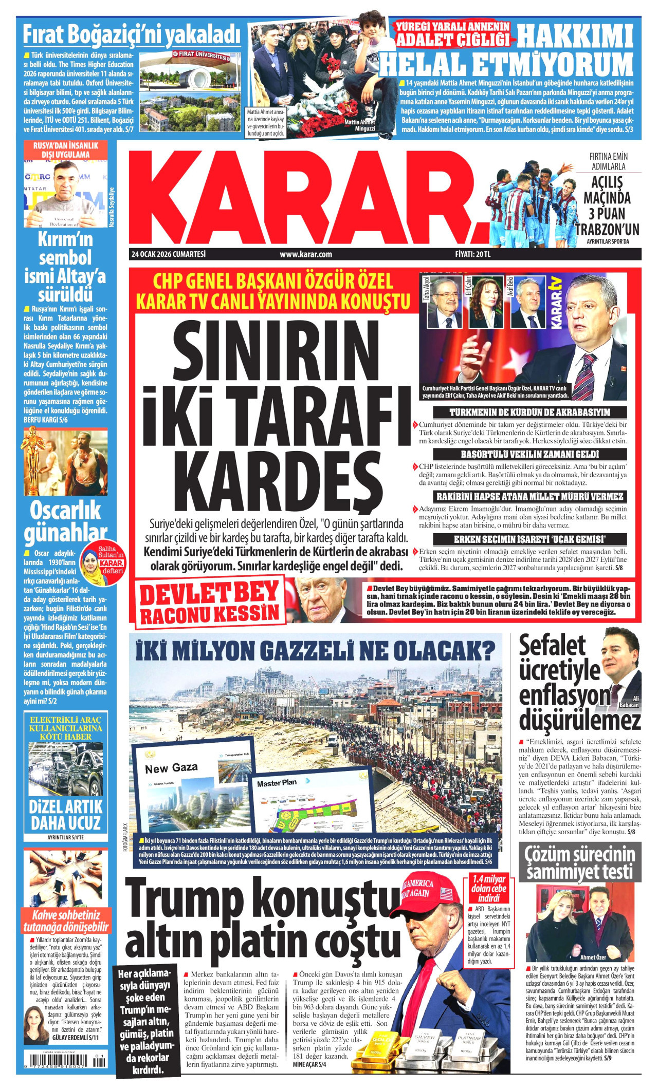 KARAR gazetesinin 24 Ocak 2026 tarihli birinci sayfası