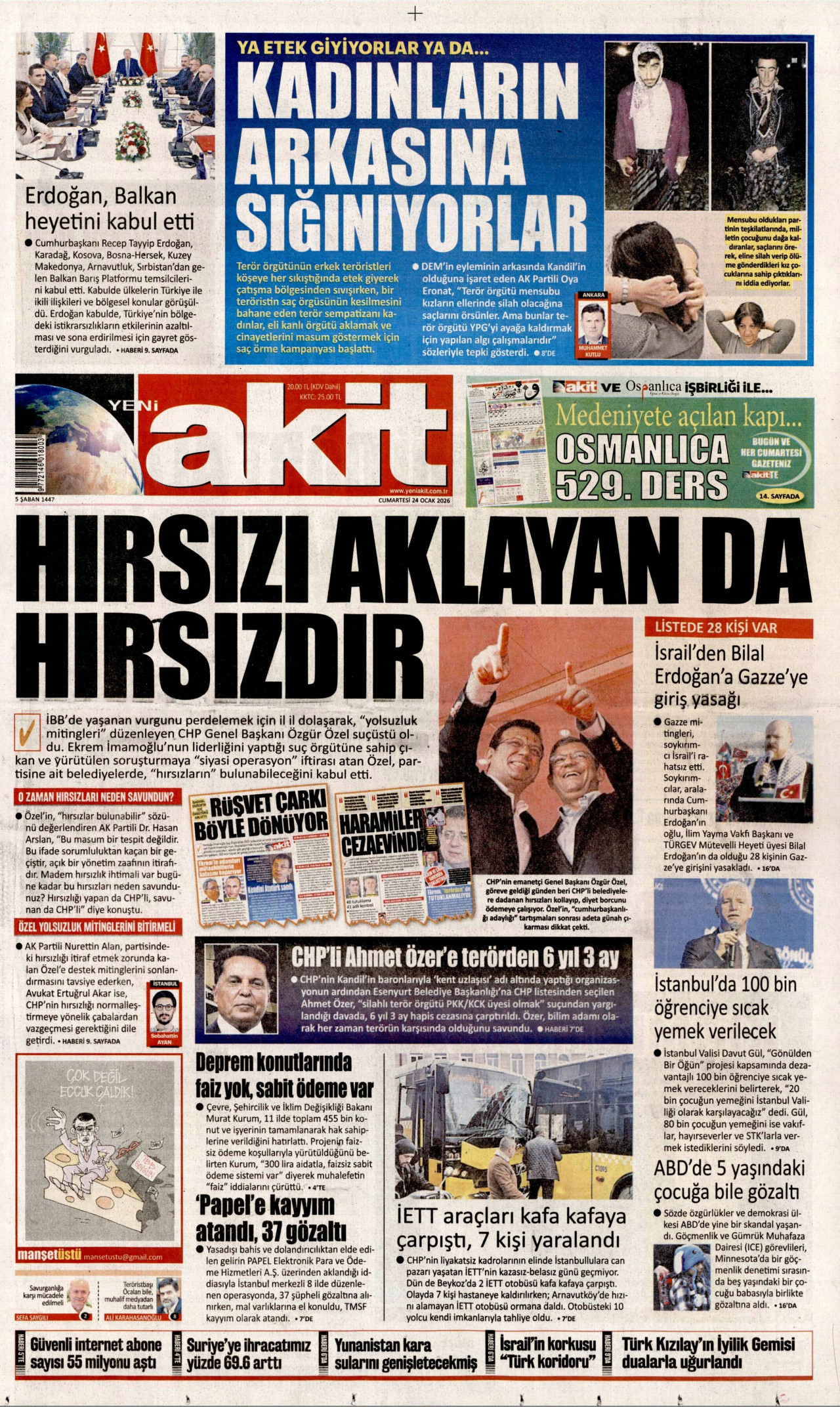 YENİ AKİT gazetesinin 24 Ocak 2026 tarihli birinci sayfası