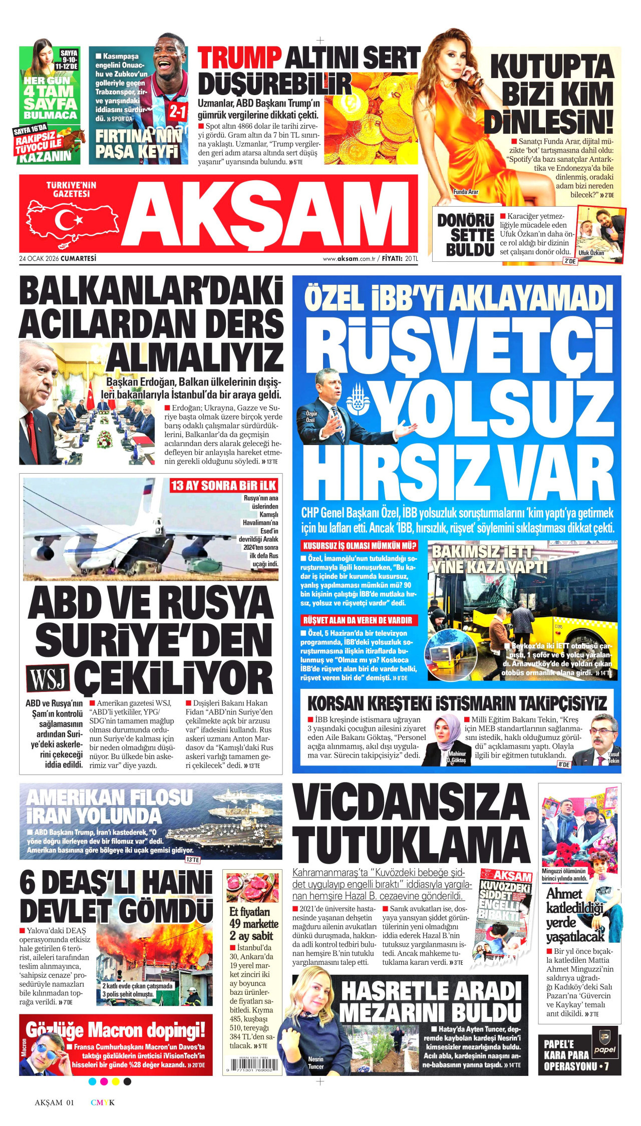 AKŞAM gazetesinin 24 Ocak 2026 tarihli birinci sayfası