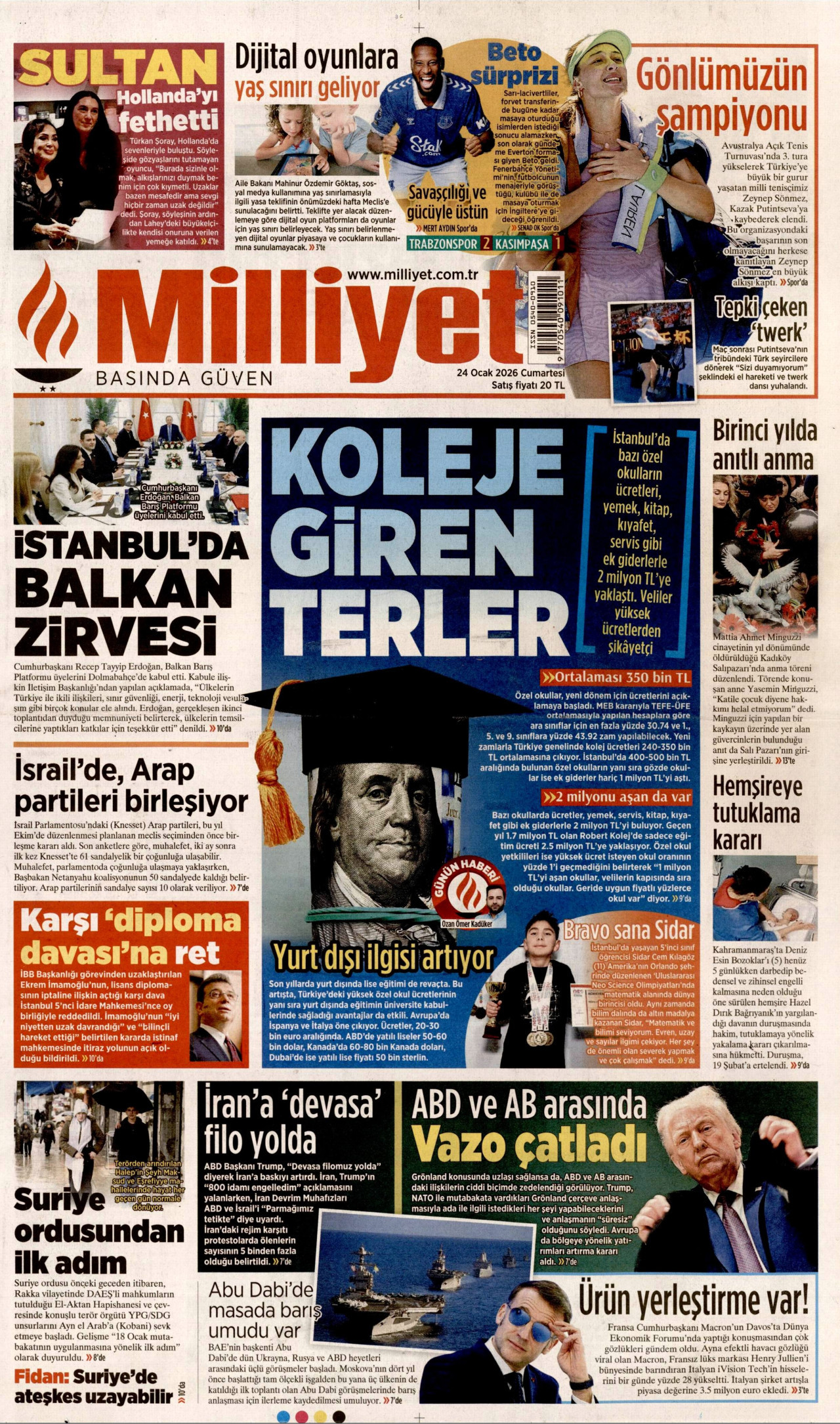 MİLLİYET gazetesinin 24 Ocak 2026 tarihli birinci sayfası