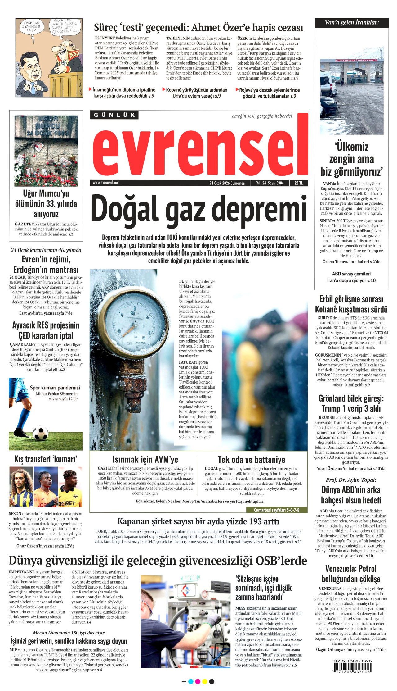 EVRENSEL gazetesinin 24 Ocak 2026 tarihli birinci sayfası