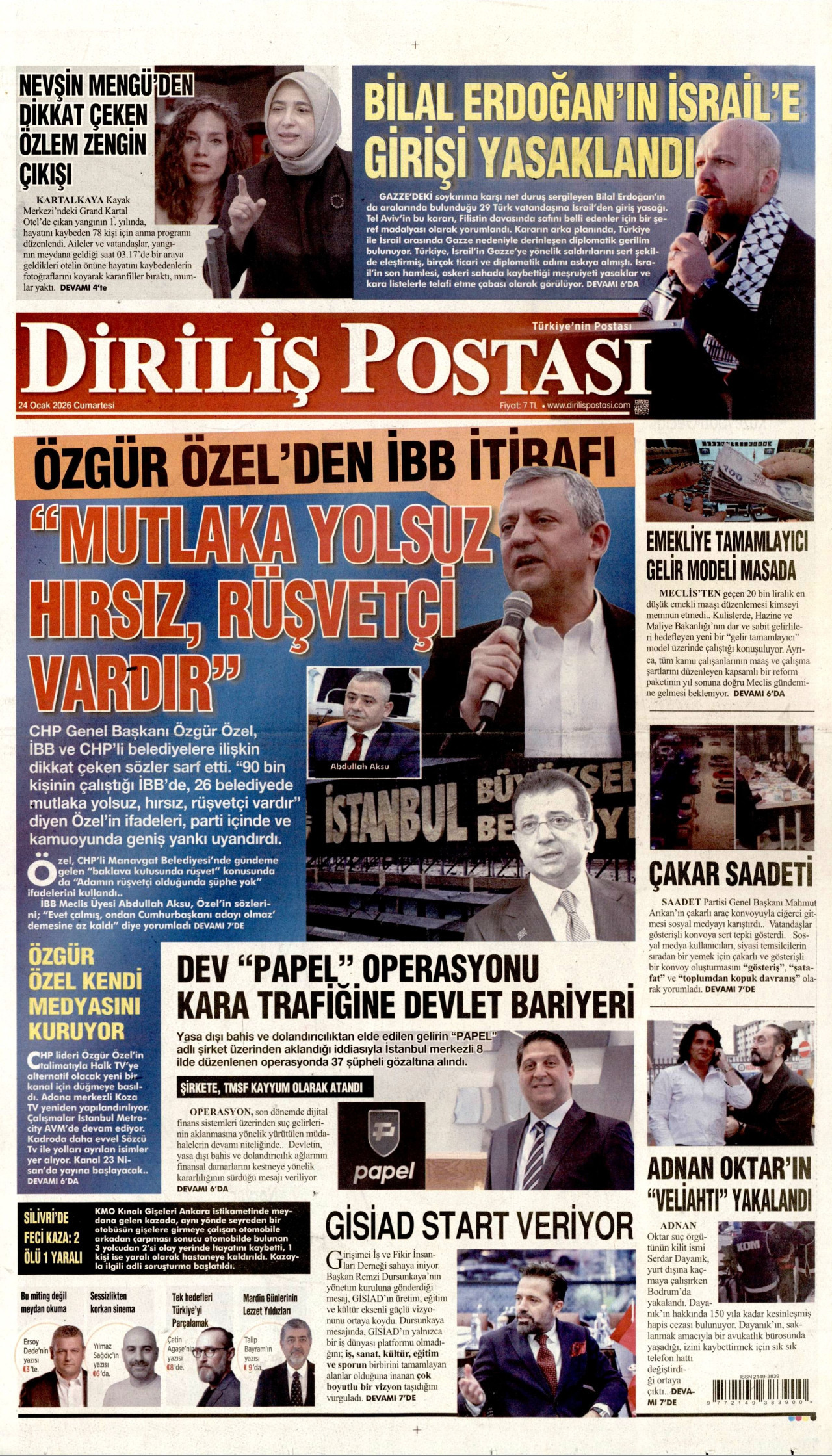 DİRİLİŞ POSTASI gazetesinin 24 Ocak 2026 tarihli birinci sayfası