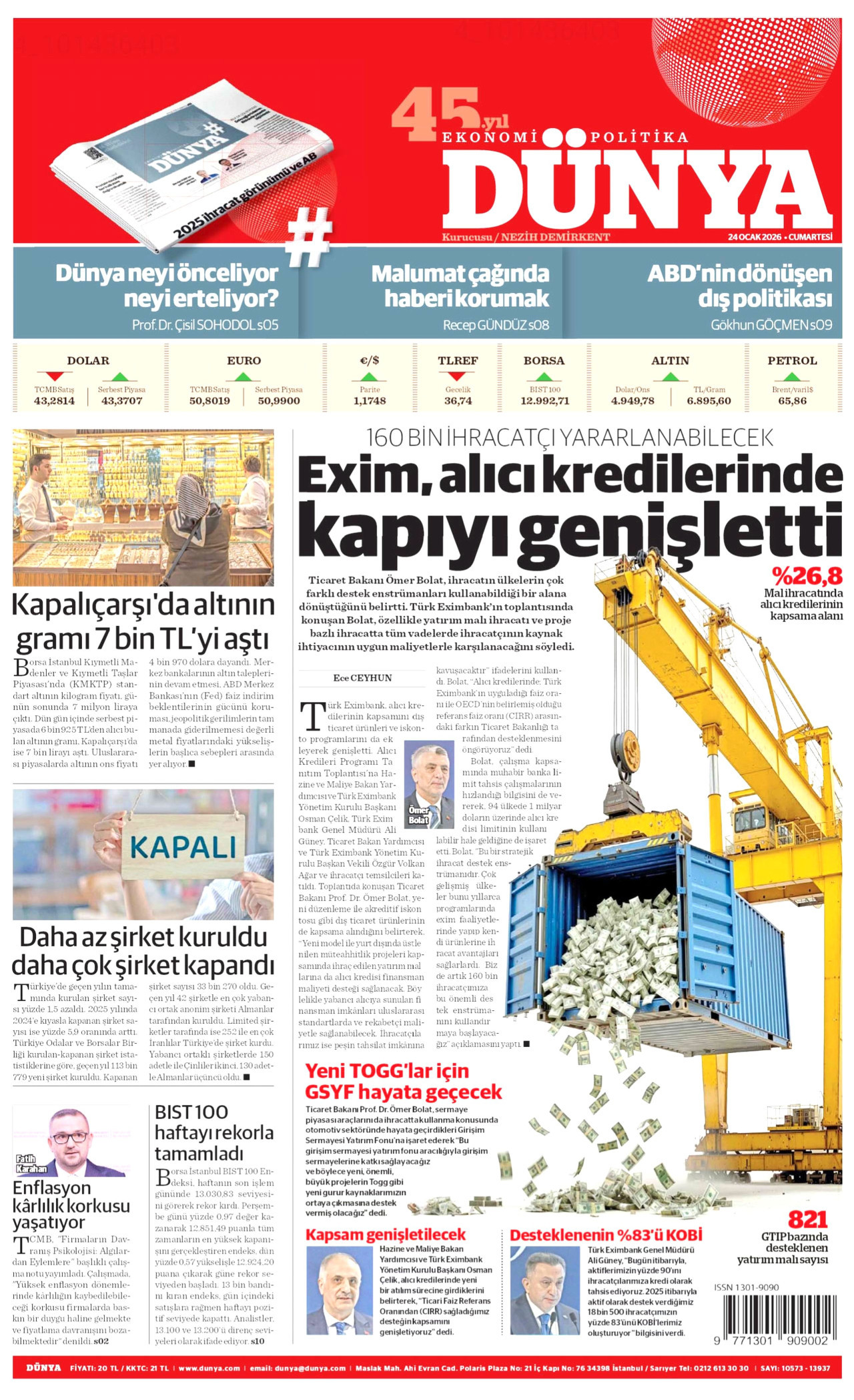 DÜNYA gazetesinin 24 Ocak 2026 tarihli birinci sayfası